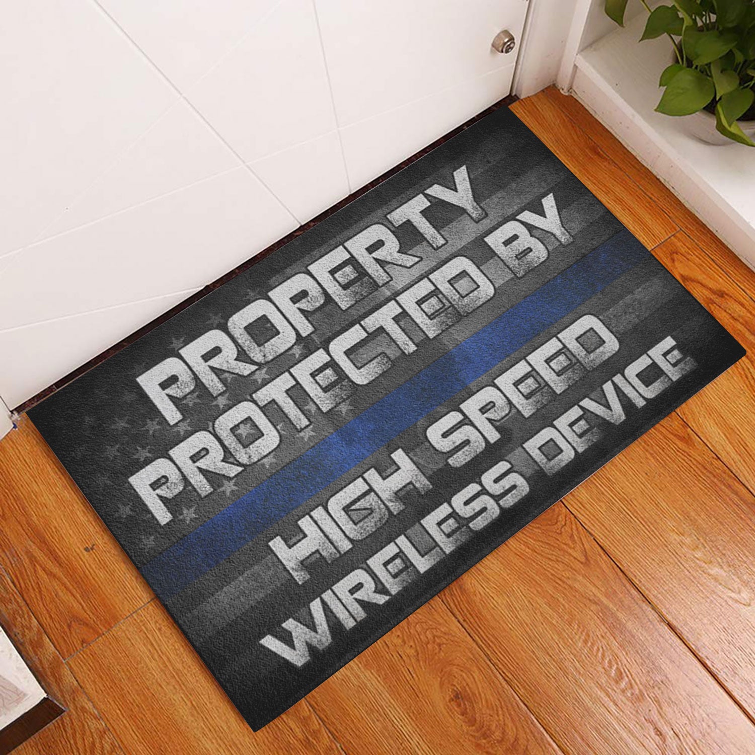 Ohaprints-Doormat-Outdoor-Indoor-Police-Property-Protected-By-High-Speed-Thin-Blue-Line-Rubber-Door-Mat-936-