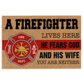 Ohaprints-Doormat-Outdoor-Indoor-Firefighter-Lives-Here-He-Fears-God-And-His-Wife-Rubber-Door-Mat-945-18'' x 30''