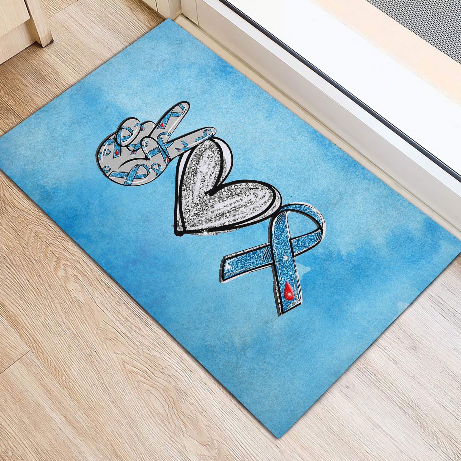 Ohaprints-Doormat-Outdoor-Indoor-Peace-Love-Cure-Diabetes-Awareness-Blue-Ribbon-Glitter-Rubber-Door-Mat-988-