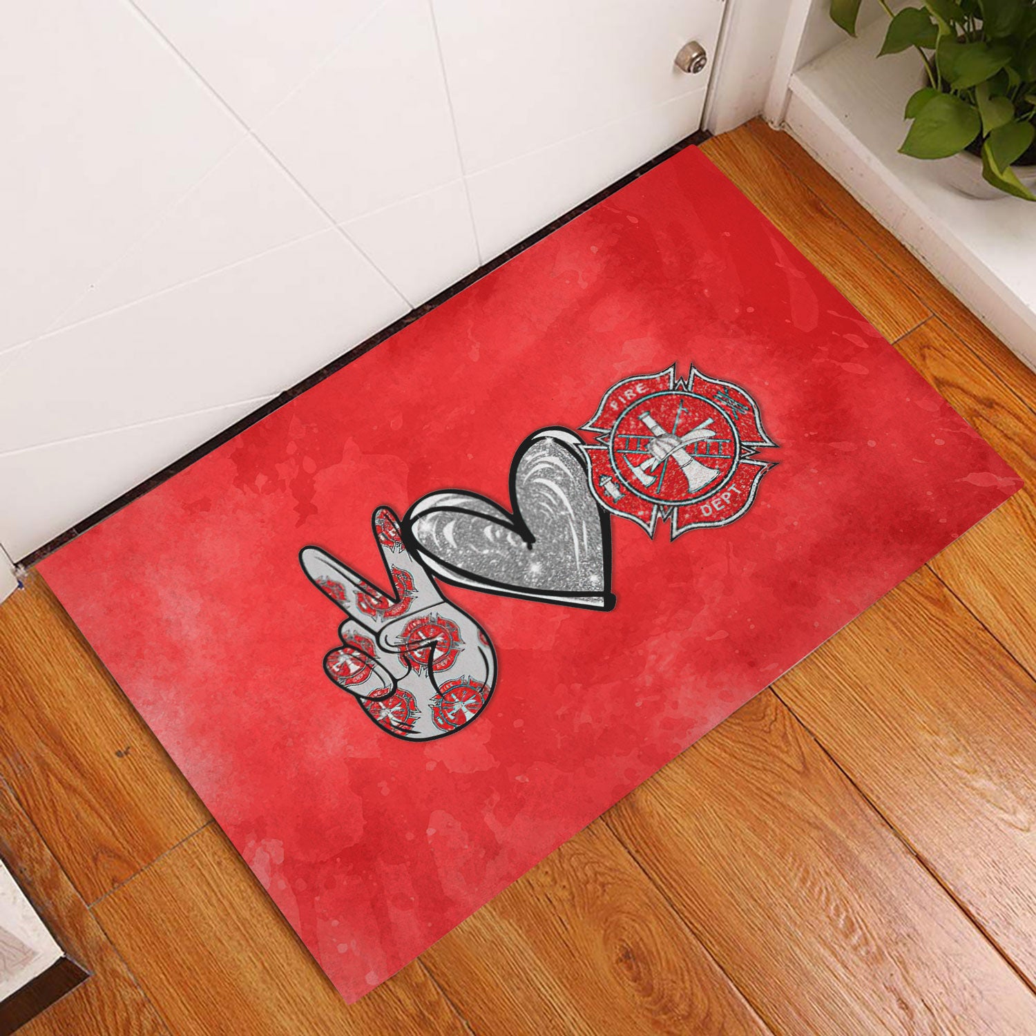 Ohaprints-Doormat-Outdoor-Indoor-Peace-Love-Firefighter-Thin-Red-Line-Fireman-Glitter-Rubber-Door-Mat-989-