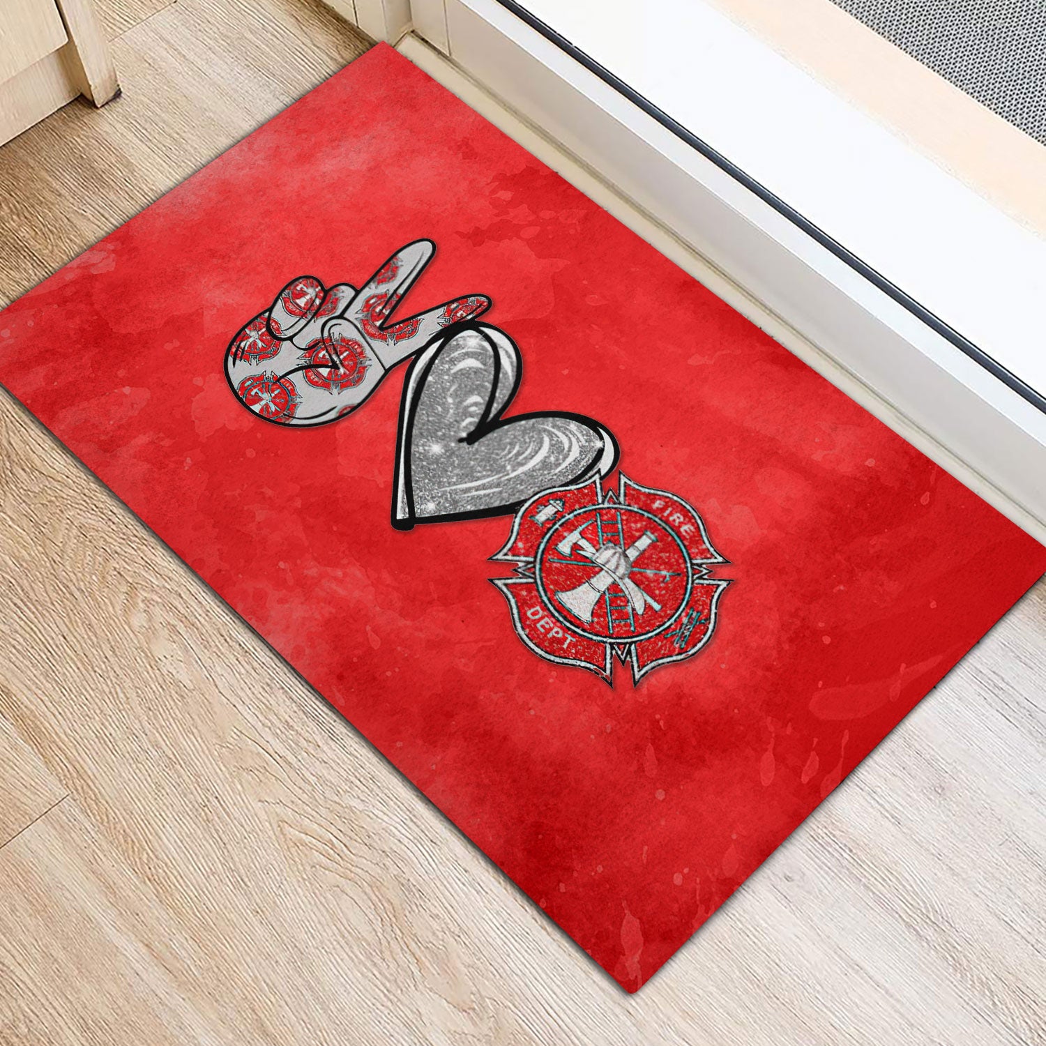 Ohaprints-Doormat-Outdoor-Indoor-Peace-Love-Firefighter-Thin-Red-Line-Fireman-Glitter-Rubber-Door-Mat-989-