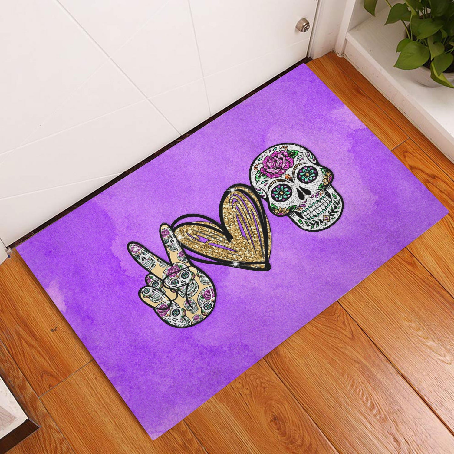 Ohaprints-Doormat-Outdoor-Indoor-Peace-Love-Skull-Gothic-Skull-Skeleton-Sugar-Skull-Rubber-Door-Mat-991-