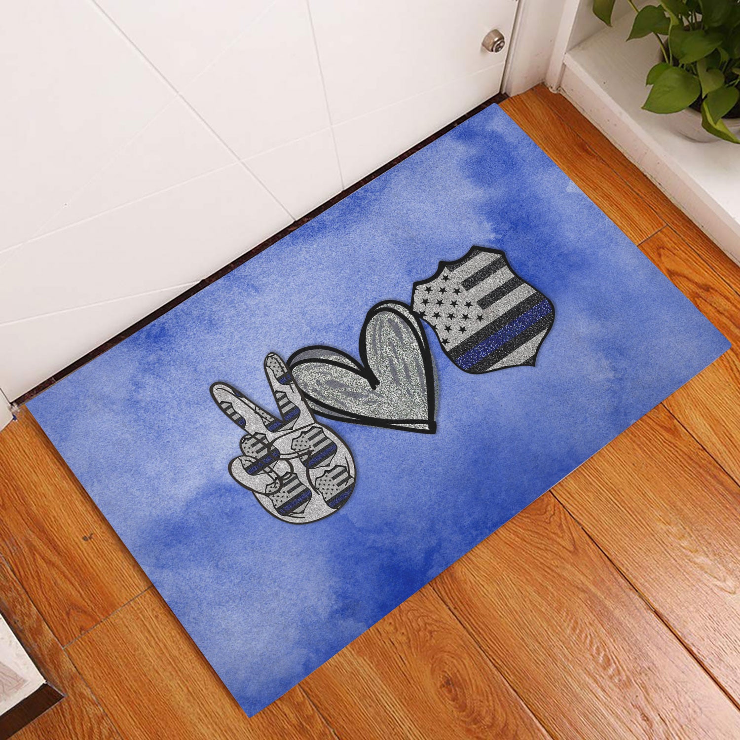 Ohaprints-Doormat-Outdoor-Indoor-Peace-Love-Back-The-Blue-Police-Officers-Thin-Blue-Line-Glitter-Rubber-Door-Mat-995-