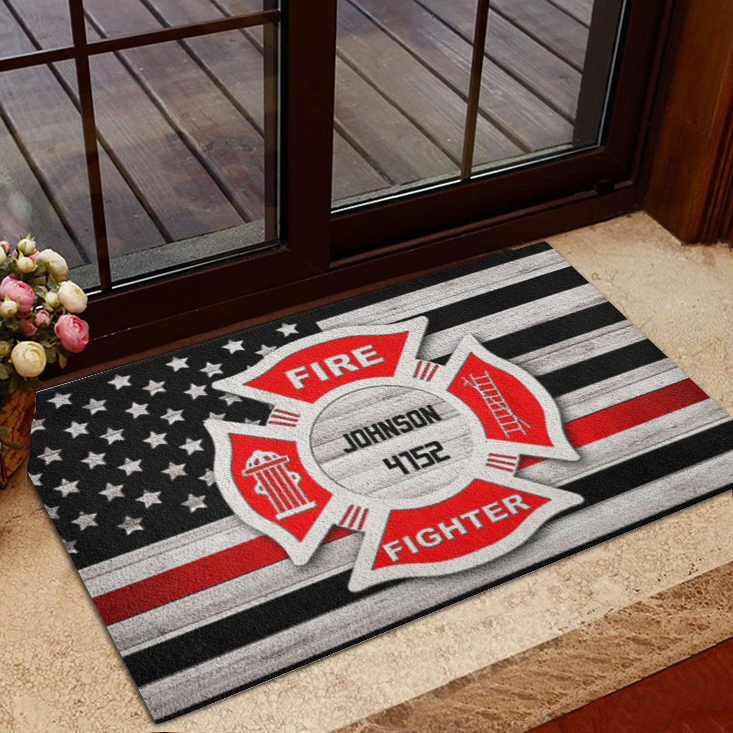 Ohaprints-Doormat-Outdoor-Indoor-Firefighter-American-Flag-Back-The-Red-Custom-Personalized-Name-Rubber-Door-Mat-1044-