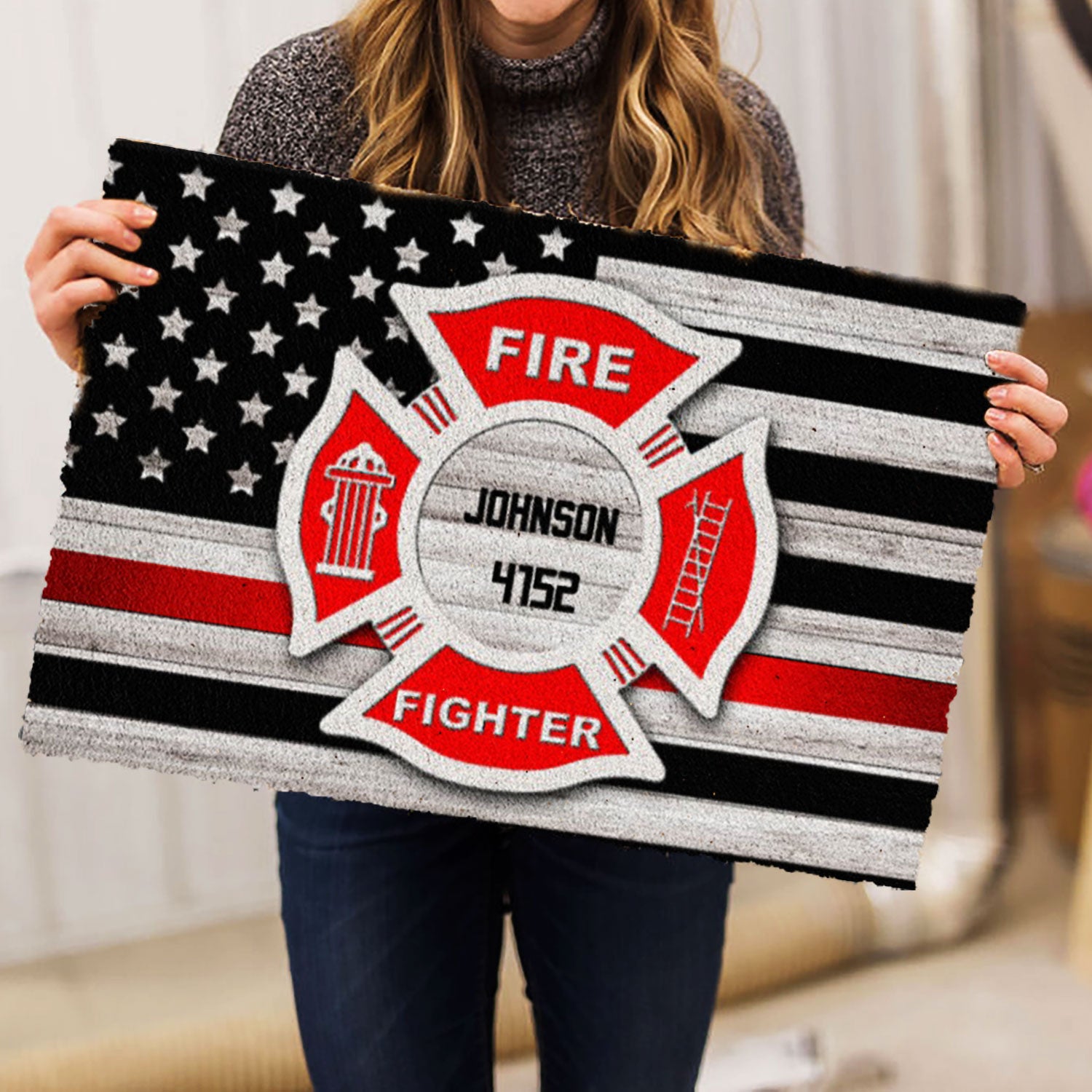 Ohaprints-Doormat-Outdoor-Indoor-Firefighter-American-Flag-Back-The-Red-Custom-Personalized-Name-Rubber-Door-Mat-1044-
