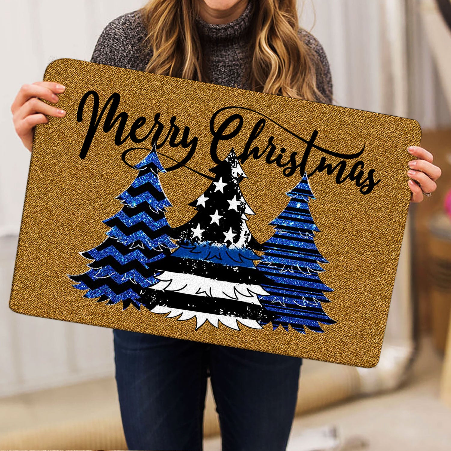 JOOCAR Christmas Mat, Blue Winter Snow Night Fawn Merry Christmas Tree  Christmas Mat for Home Kitchen Starter Home Front Door Welcome Indoor  Outdoor