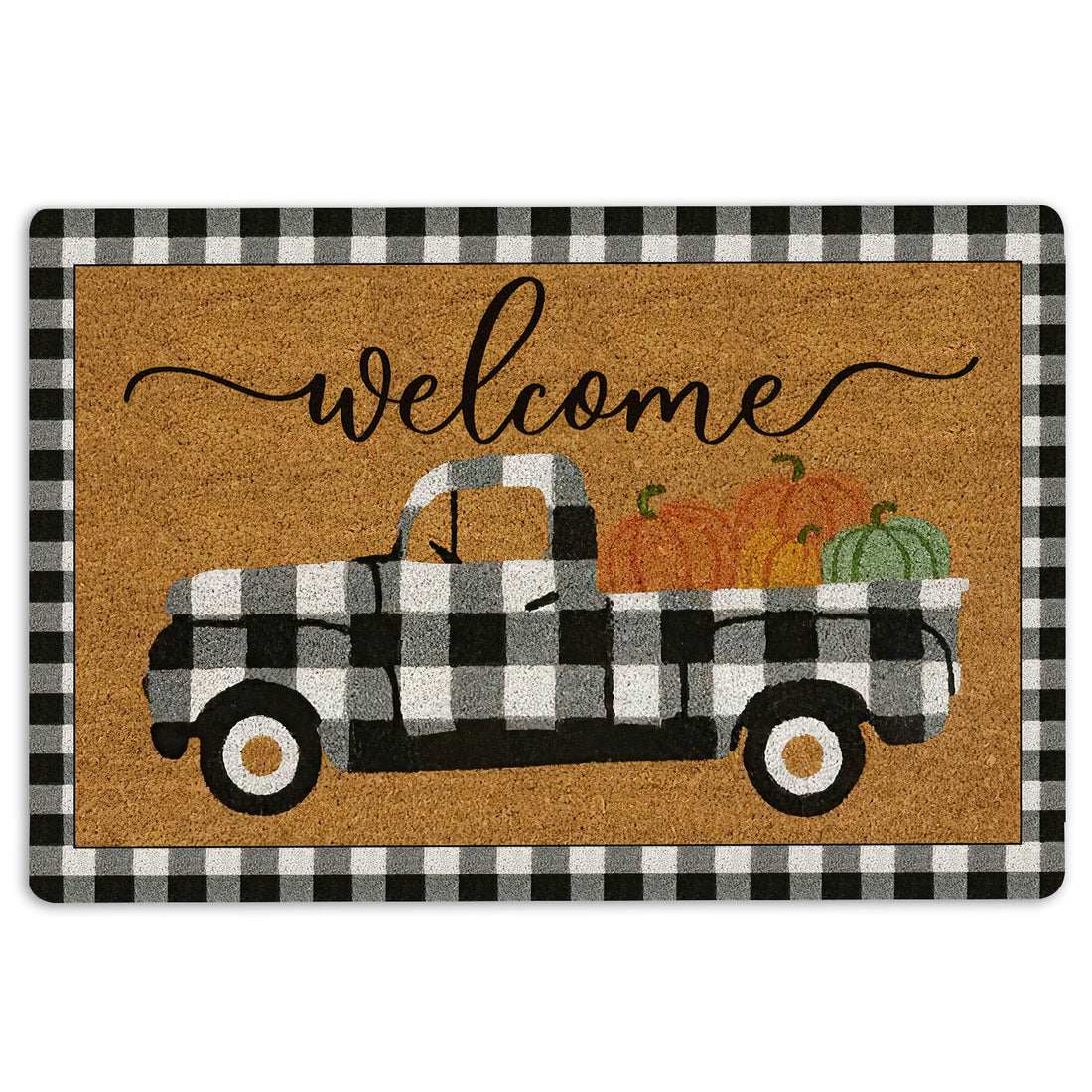 Ohaprints-Doormat-Outdoor-Indoor-Autumn-Pumpkin-Truck-Welcome-Autumn-Harves-Leaves-Buffalo-Plaid-Rubber-Door-Mat-2017-18'' x 30''