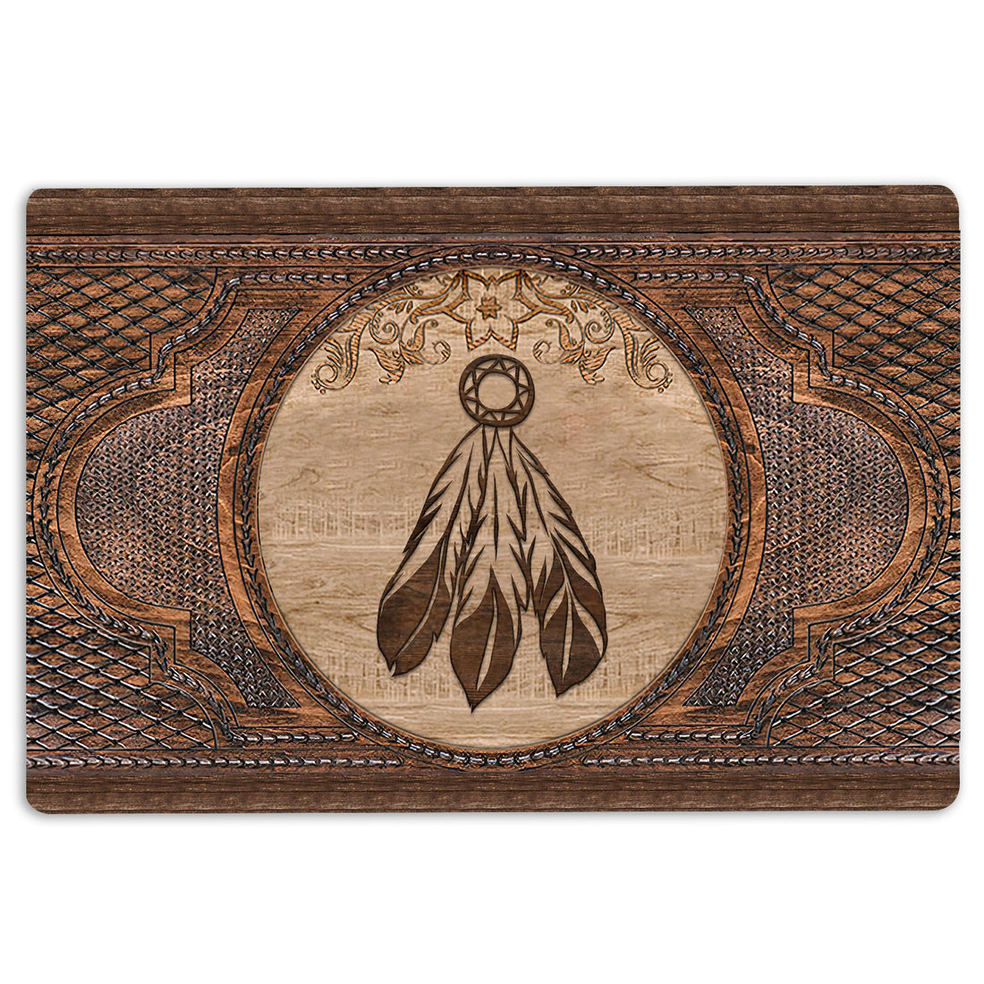 Ohaprints-Doormat-Outdoor-Indoor-Native-American-Feather-Indigenous-Us-Indian-Sculpture-Wood-Rubber-Door-Mat-51-18'' x 30''