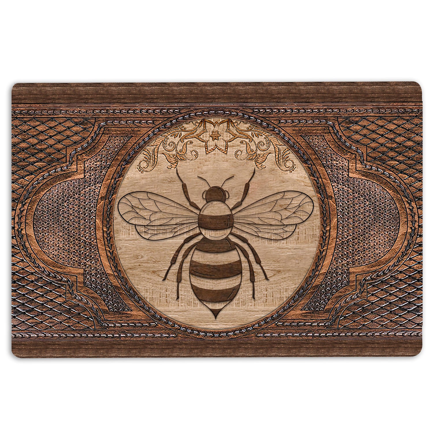 Ohaprints-Doormat-Outdoor-Indoor-Bee-Honey-Bee-Sculpture-Wood-Pattern-Animal-Lovers-Rubber-Door-Mat-53-18'' x 30''