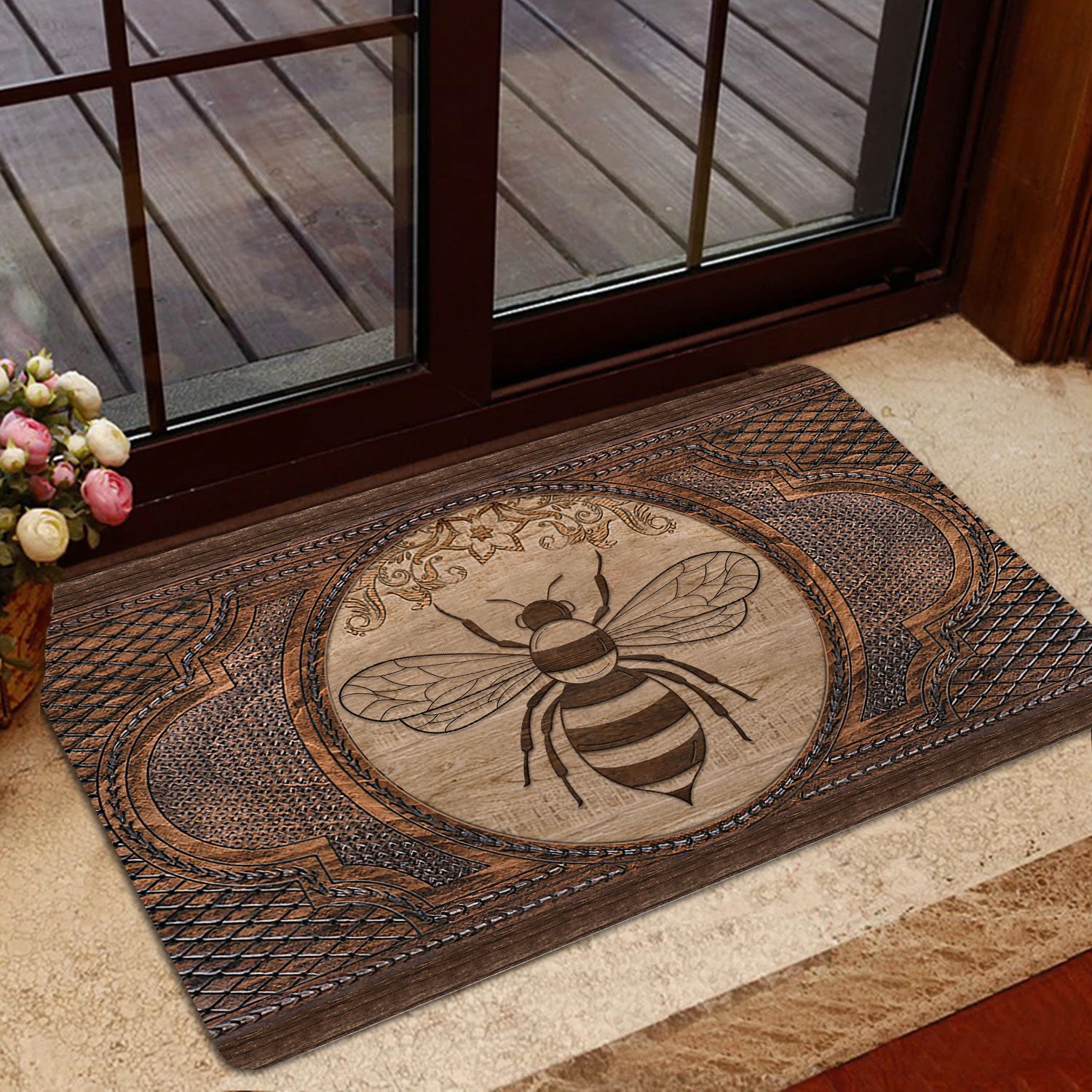 Ohaprints-Doormat-Outdoor-Indoor-Bee-Honey-Bee-Sculpture-Wood-Pattern-Animal-Lovers-Rubber-Door-Mat-53-