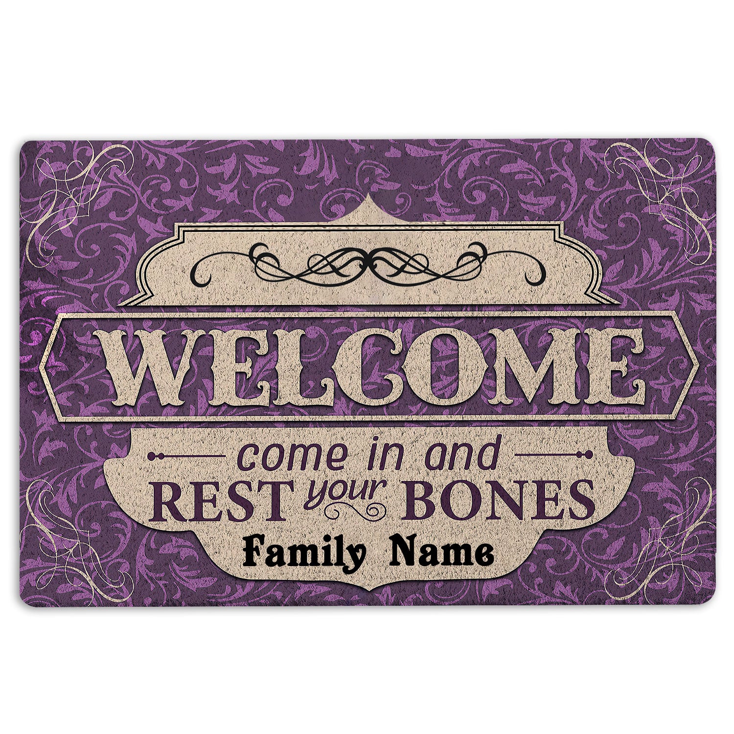 Ohaprints-Doormat-Outdoor-Indoor-Come-In-And-Rest-Bones-Purple-Halloween-Custom-Personalized-Name-Rubber-Door-Mat-2022-18'' x 30''