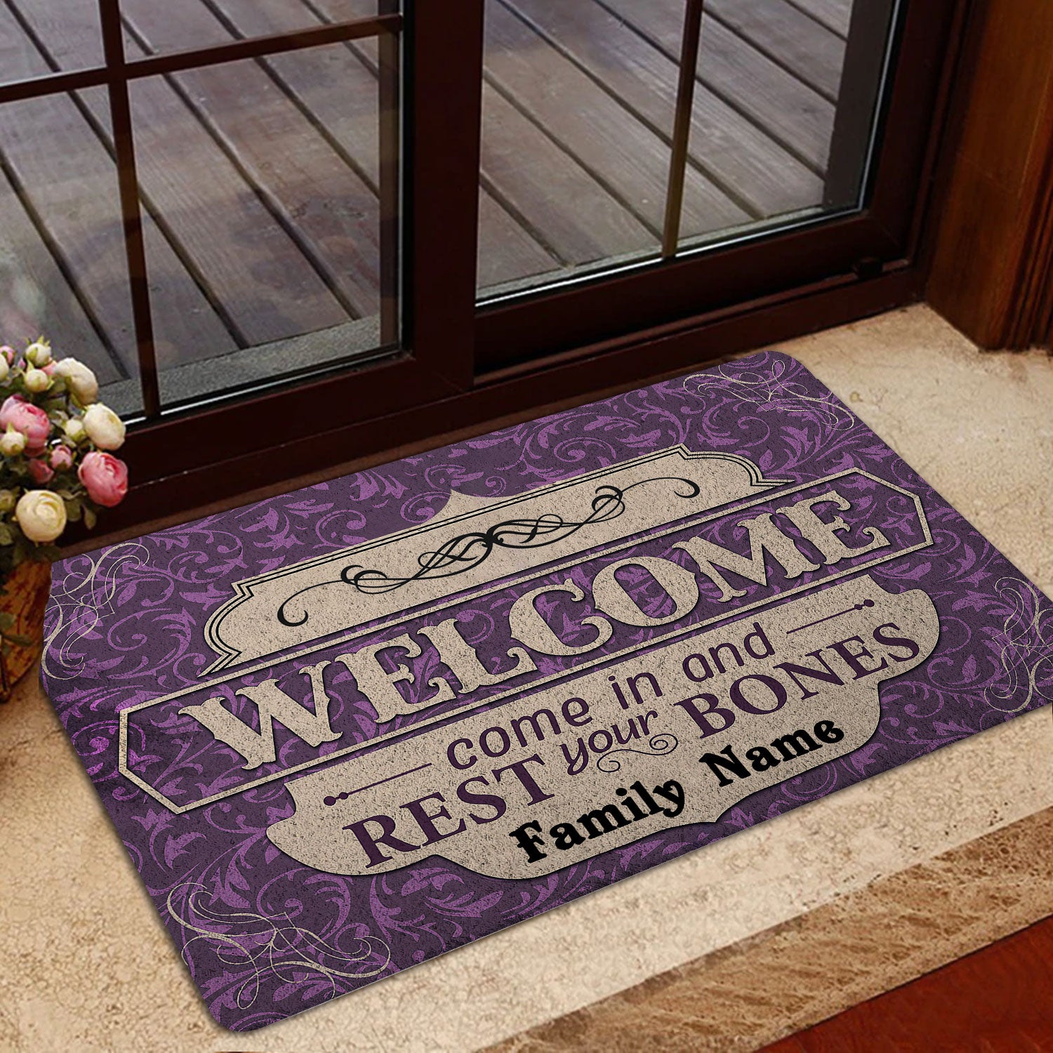 Ohaprints-Doormat-Outdoor-Indoor-Come-In-And-Rest-Bones-Purple-Halloween-Custom-Personalized-Name-Rubber-Door-Mat-2022-