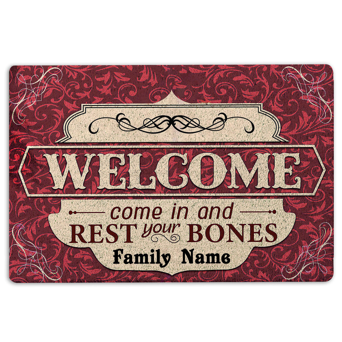 Ohaprints-Doormat-Outdoor-Indoor-Come-In-And-Rest-Bones-Red-Halloween-Custom-Personalized-Name-Rubber-Door-Mat-2023-18'' x 30''