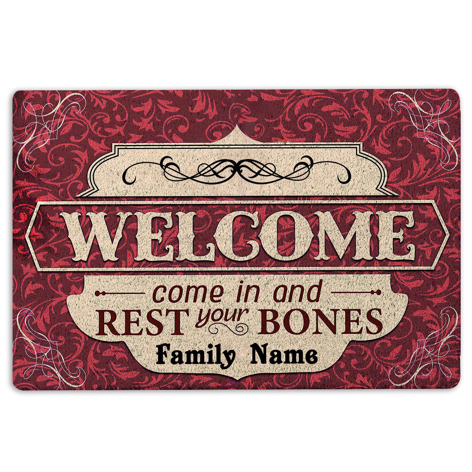 Ohaprints-Doormat-Outdoor-Indoor-Come-In-And-Rest-Bones-Red-Halloween-Custom-Personalized-Name-Rubber-Door-Mat-2023-18'' x 30''