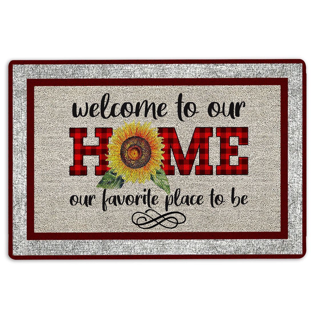 Ohaprints-Doormat-Outdoor-Indoor-Welcome-To-Our-Home-Sunflower-Red-Plaid-Pattern-Rubber-Door-Mat-1961-18'' x 30''