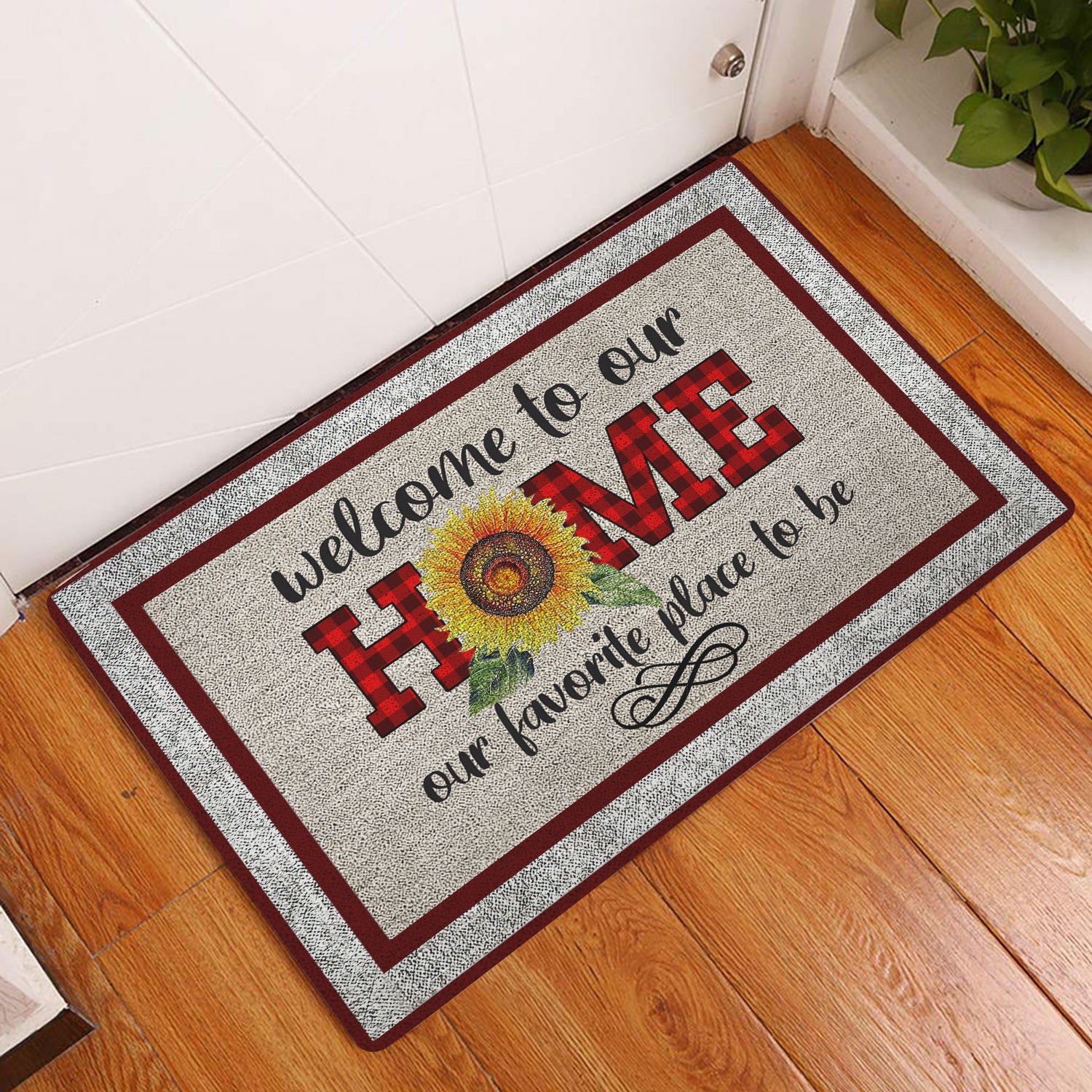 Ohaprints-Doormat-Outdoor-Indoor-Welcome-To-Our-Home-Sunflower-Red-Plaid-Pattern-Rubber-Door-Mat-1961-