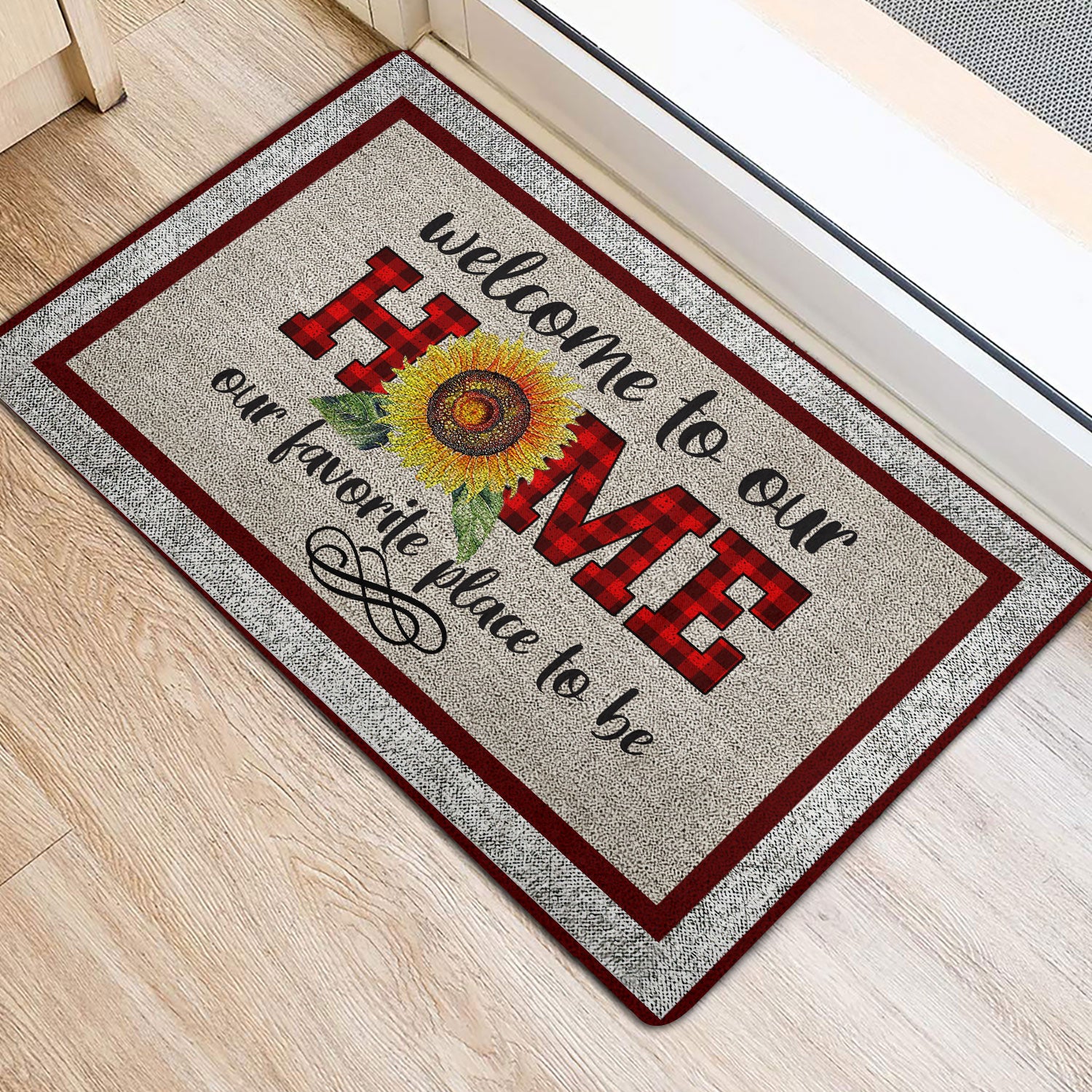Ohaprints-Doormat-Outdoor-Indoor-Welcome-To-Our-Home-Sunflower-Red-Plaid-Pattern-Rubber-Door-Mat-1961-