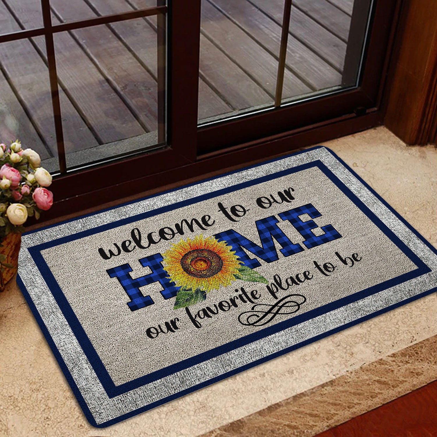 Ohaprints-Doormat-Outdoor-Indoor-Welcome-To-Our-Home-Sunflower-Blue-Plaid-Pattern-Rubber-Door-Mat-1963-