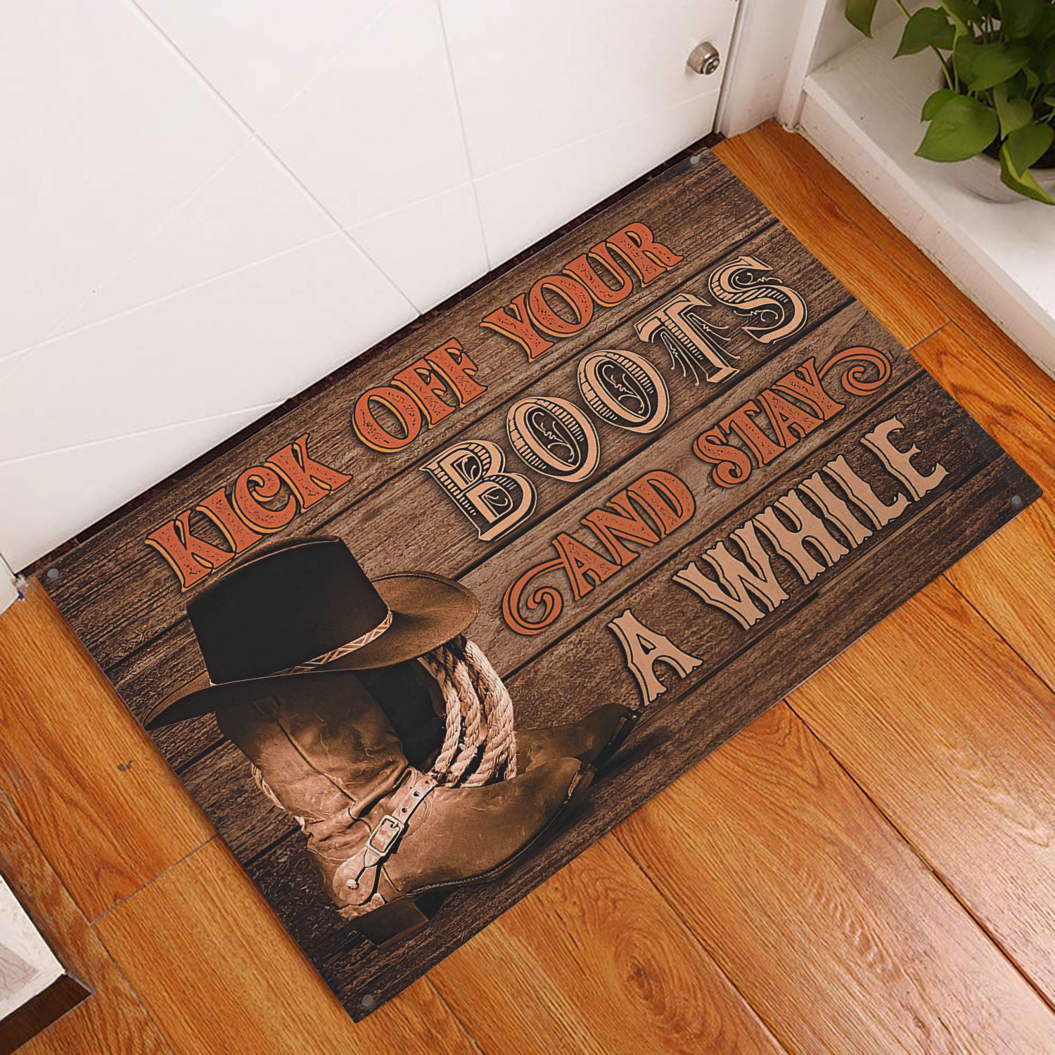 Ohaprints-Doormat-Outdoor-Indoor-Kick-Off-Your-Boots-Wood-Pattern-Cowboy-Cowgirl-Brown-Western-Rubber-Door-Mat-381-