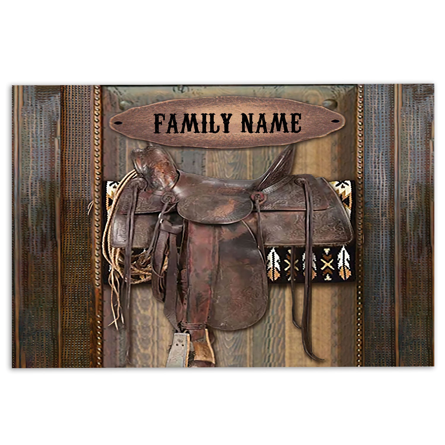 Ohaprints-Doormat-Outdoor-Indoor-Horse-Saddle-Cowboy-Cowgirl-Brown-Wood-Custom-Personalized-Name-Rubber-Door-Mat-448-18'' x 30''