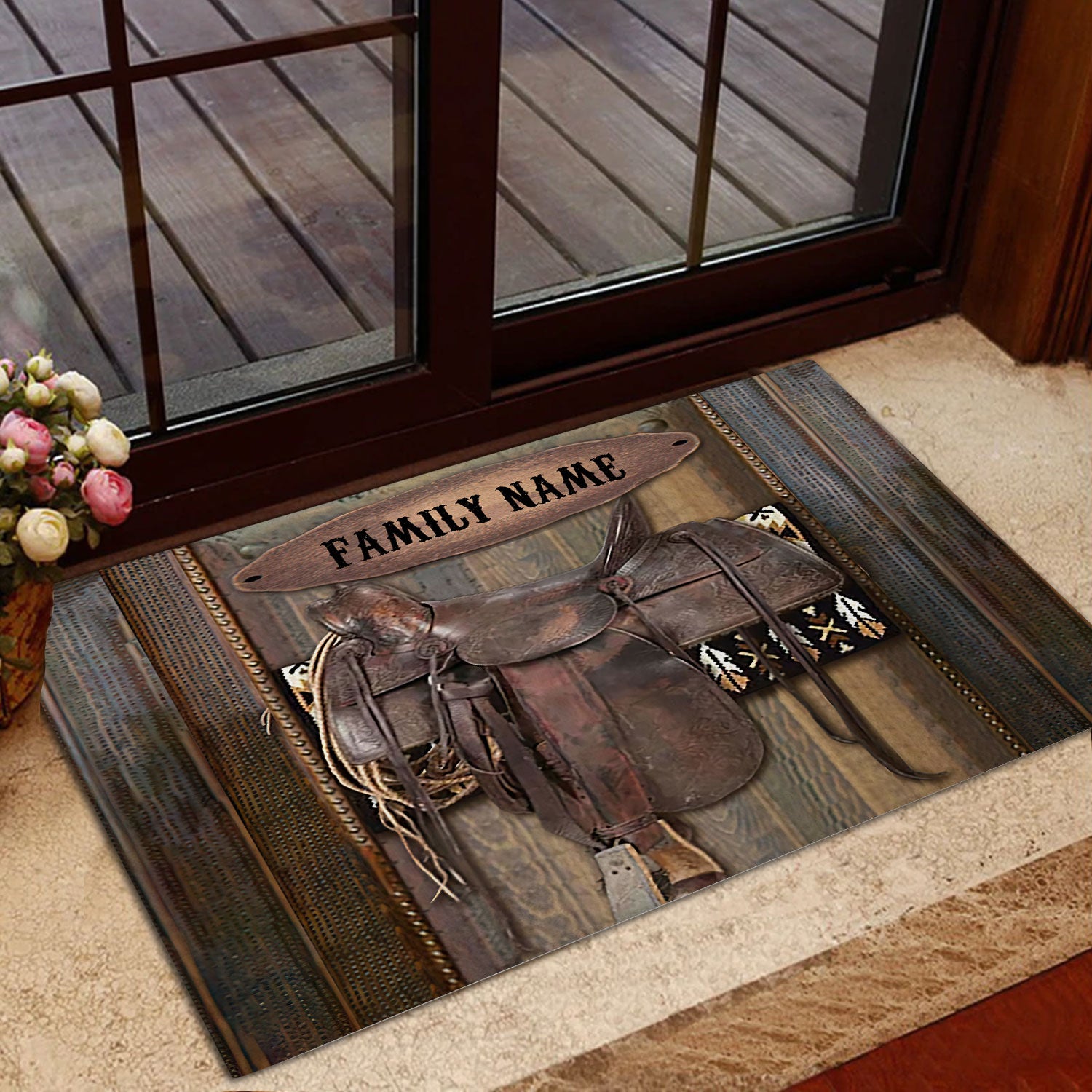 Ohaprints-Doormat-Outdoor-Indoor-Horse-Saddle-Cowboy-Cowgirl-Brown-Wood-Custom-Personalized-Name-Rubber-Door-Mat-448-