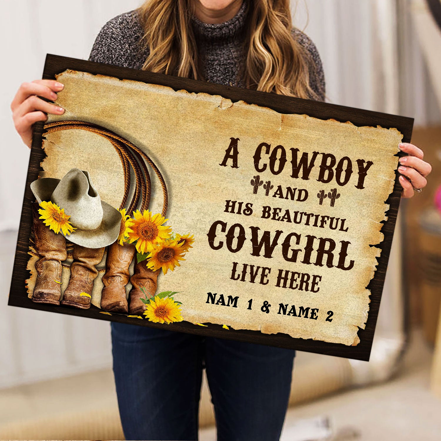 Ohaprints-Doormat-Outdoor-Indoor-Cowboy-Cowgirl-Boots-Couple-Sunflower-Custom-Personalized-Name-Rubber-Door-Mat-449-