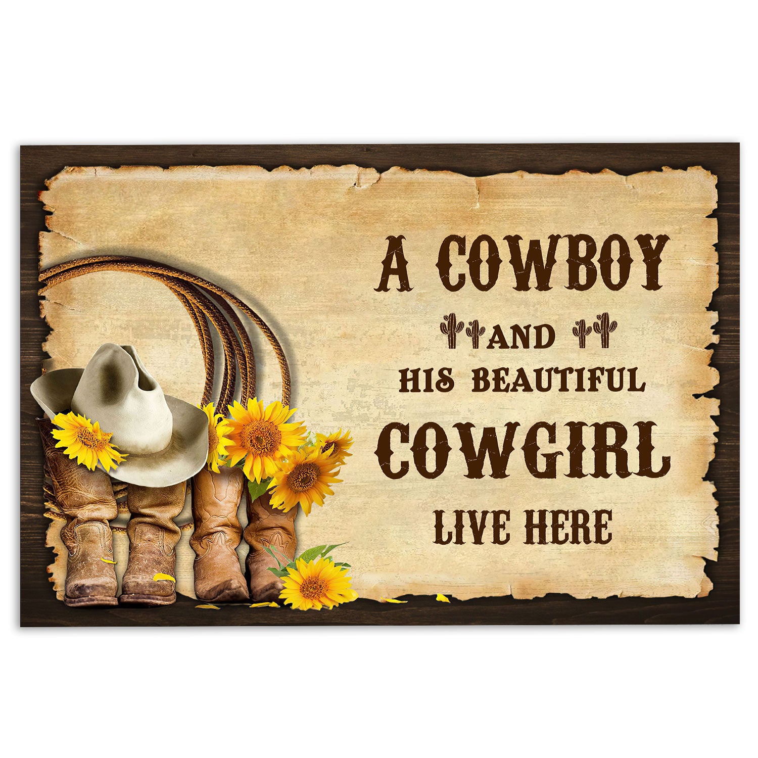 Ohaprints-Doormat-Outdoor-Indoor-Western-Cowboy-Cowgirl-Boots-Couple-Sunflower-Vinatge-Brown-Gift-Rubber-Door-Mat-383-18'' x 30''