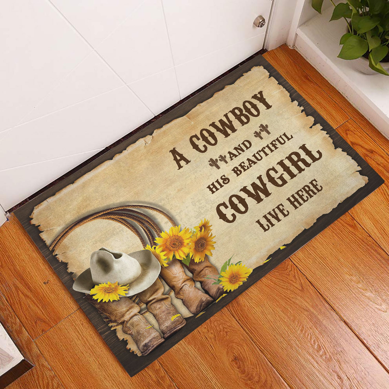 Ohaprints-Doormat-Outdoor-Indoor-Western-Cowboy-Cowgirl-Boots-Couple-Sunflower-Vinatge-Brown-Gift-Rubber-Door-Mat-383-