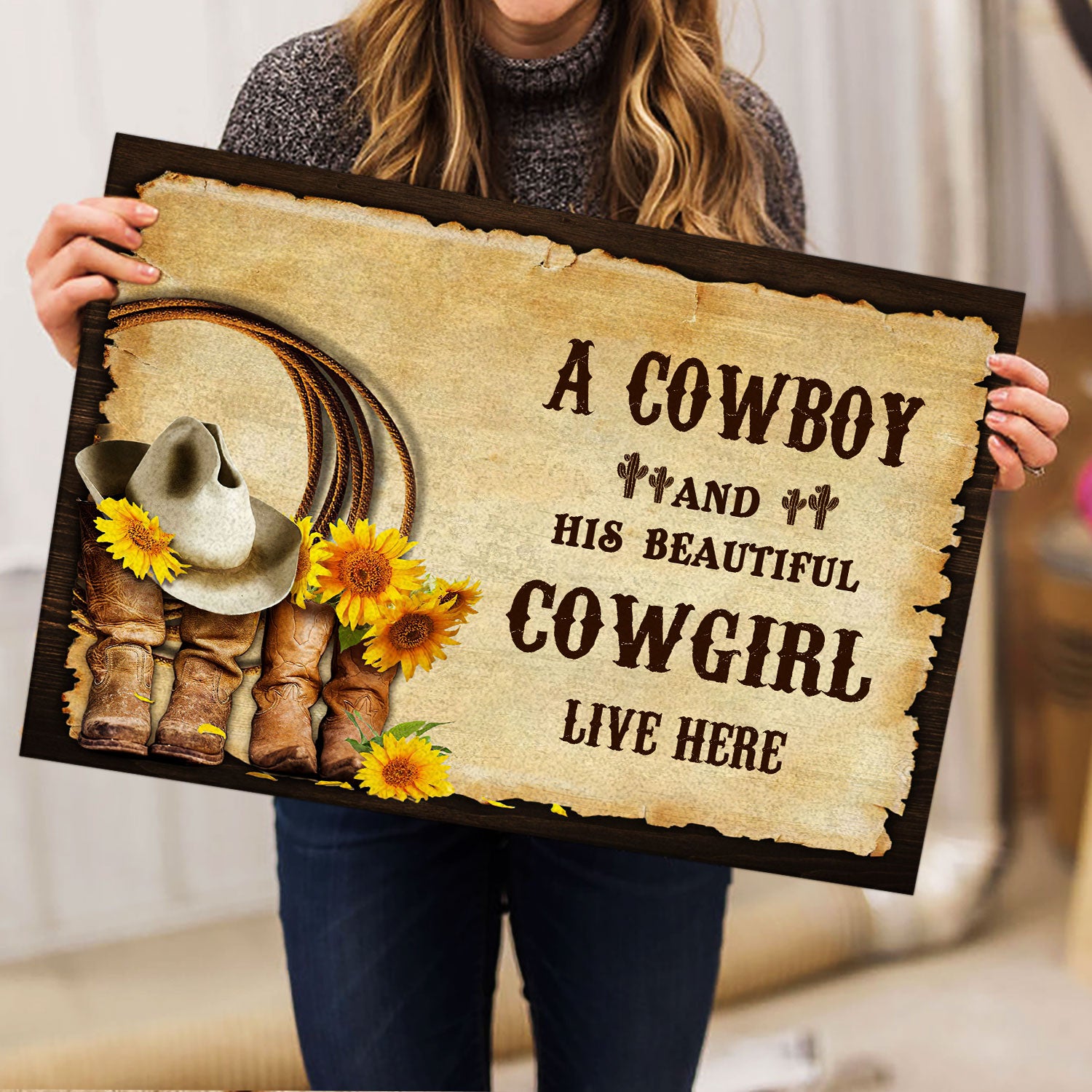 Ohaprints-Doormat-Outdoor-Indoor-Western-Cowboy-Cowgirl-Boots-Couple-Sunflower-Vinatge-Brown-Gift-Rubber-Door-Mat-383-