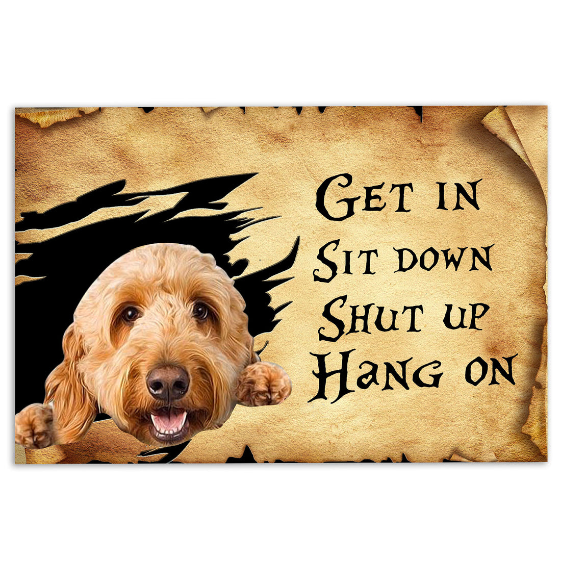 Ohaprints-Doormat-Outdoor-Indoor-Animal-Pet-Lover-Goldendoodle-Dog-Get-In-Sit-Down-Brown-Vintage-Rubber-Door-Mat-424-18'' x 30''