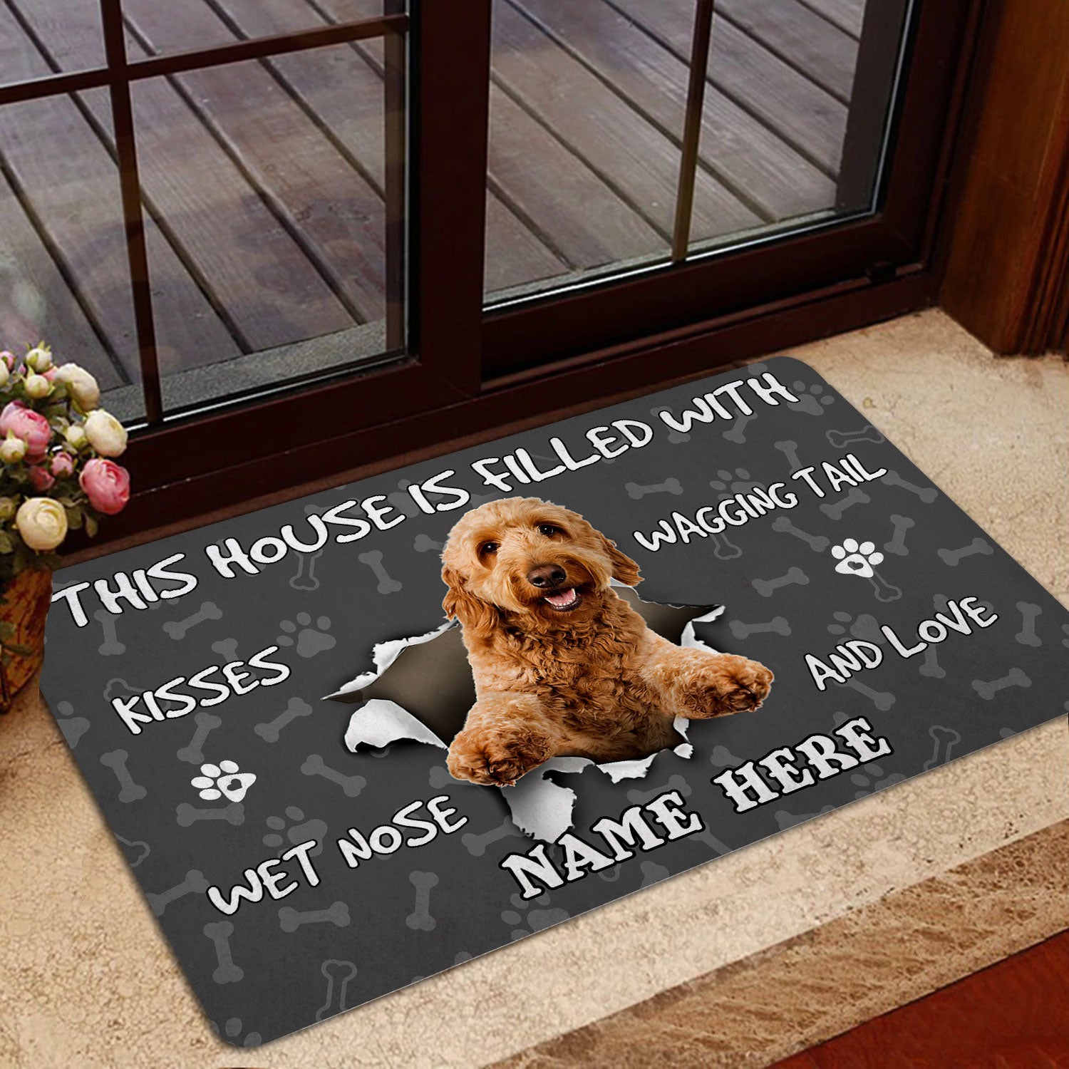 Personalized Goldendoodle Rubber Doormat, Goldendoodle dog lover pawprint grey Welcome Doormat, Custom Name Indoor Outdoor Door Mat, Home Decor