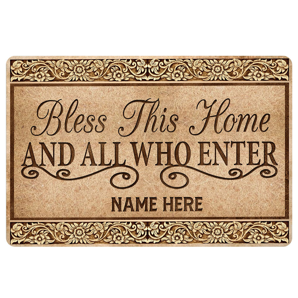 Ohaprints-Doormat-Outdoor-Indoor-Bless-This-Home-Christian-Gift-Brown-Custom-Personalized-Name-Rubber-Door-Mat-547-18'' x 30''