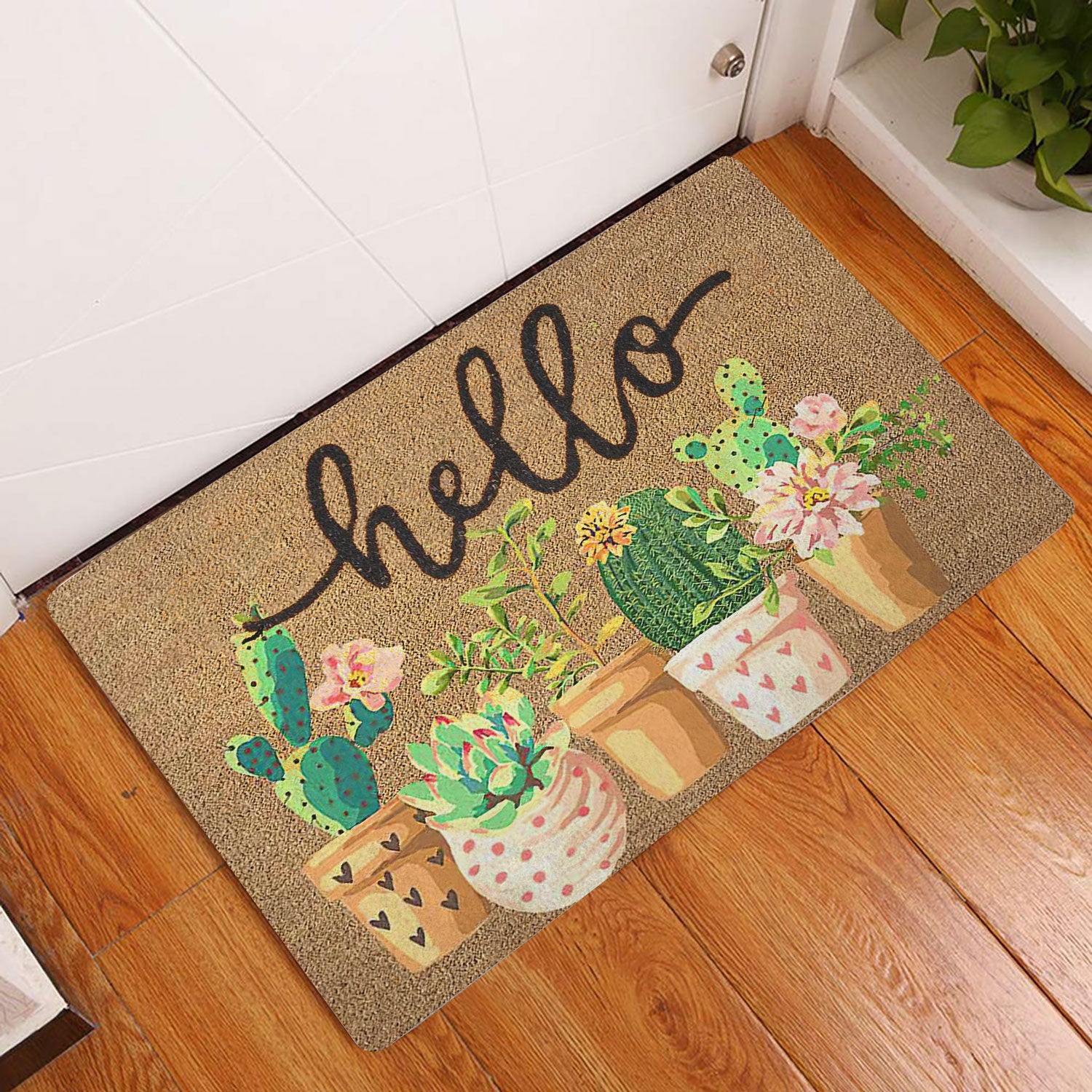 rubber tree carpets & design Ohaprints Doormat Outdoor Indoor Hello Cactus Succa Brown Summer