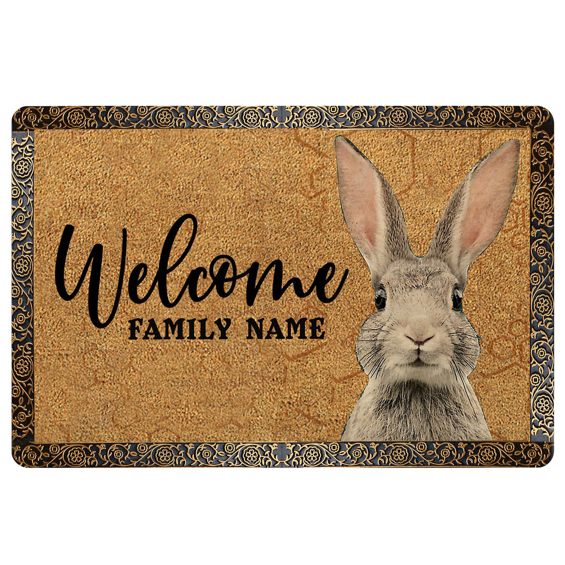 Ohaprints-Doormat-Outdoor-Indoor-Funny-Rabbit-Pet-Lover-Gift-Idea-Brown-Custom-Personalized-Name-Rubber-Door-Mat-1645-18'' x 30''