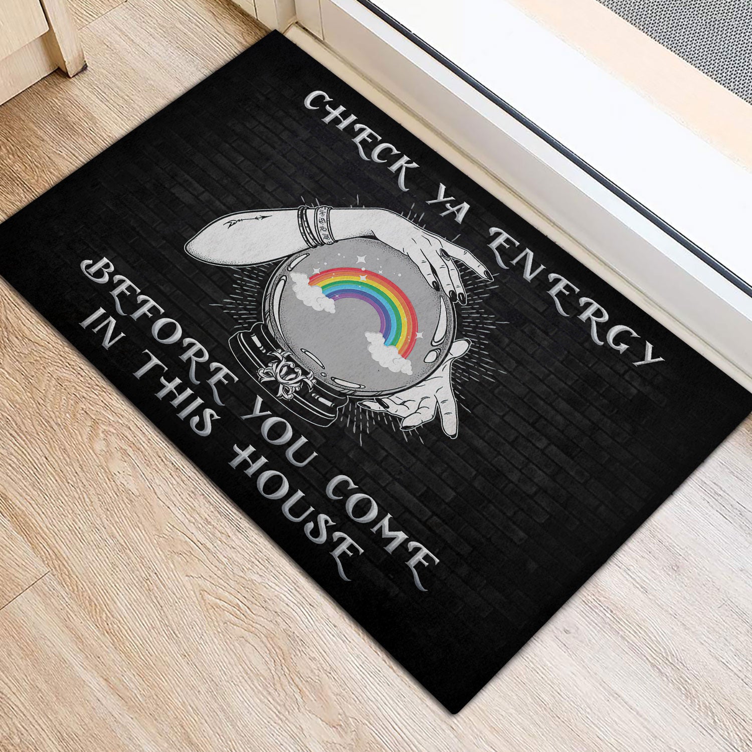 Ohaprints-Doormat-Outdoor-Indoor-Lgbt-Pride-Rainbow-Support-Gift-Idea-Check-Ya-Energy-Black-Rubber-Door-Mat-797-