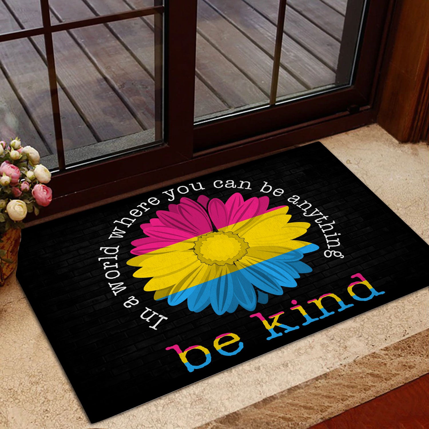 Ohaprints-Doormat-Outdoor-Indoor-Lgbt-Pansexual-Pride-Support-Gift-Idea-Be-Kind-Sunflower-Black-Rubber-Door-Mat-803-