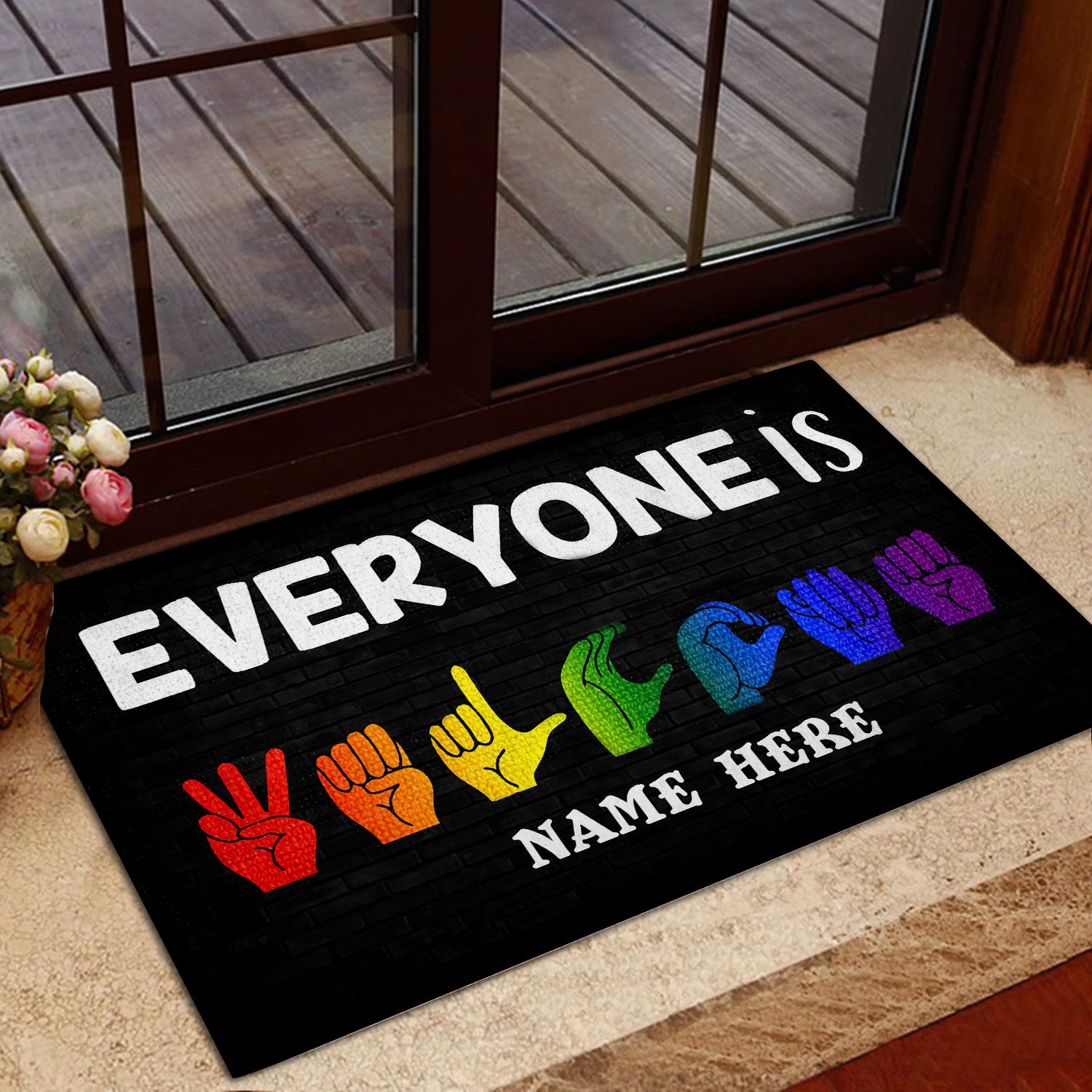 Ohaprints-Doormat-Outdoor-Indoor-Lgbt-Pride-Hand-Sign-Everyone-Welcome-Custom-Personalized-Name-Rubber-Door-Mat-807-