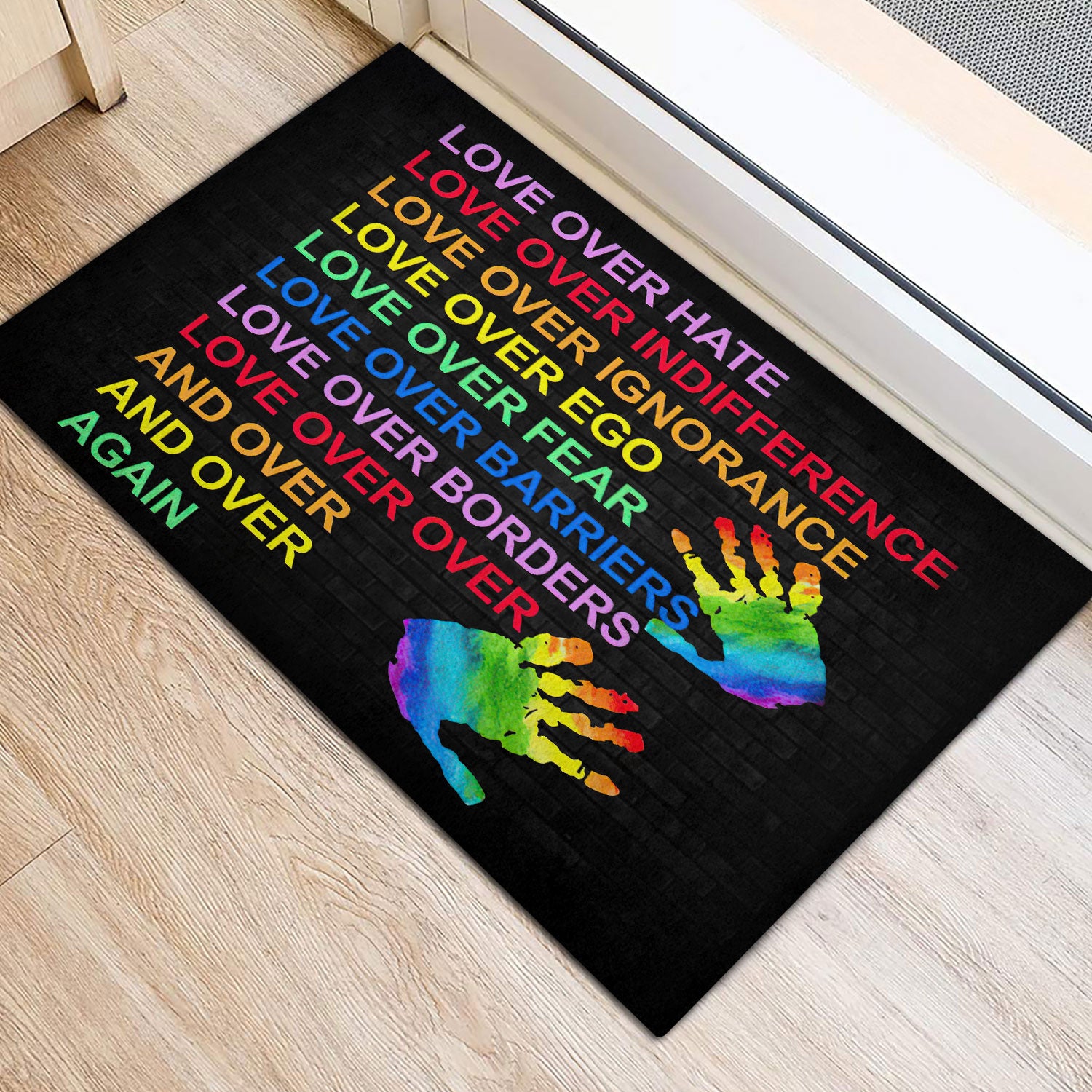 Ohaprints-Doormat-Outdoor-Indoor-Lgbt-Pride-Support-Gift-Idea-Rainbow-Hand-Love-Over-Hate-Rubber-Door-Mat-816-