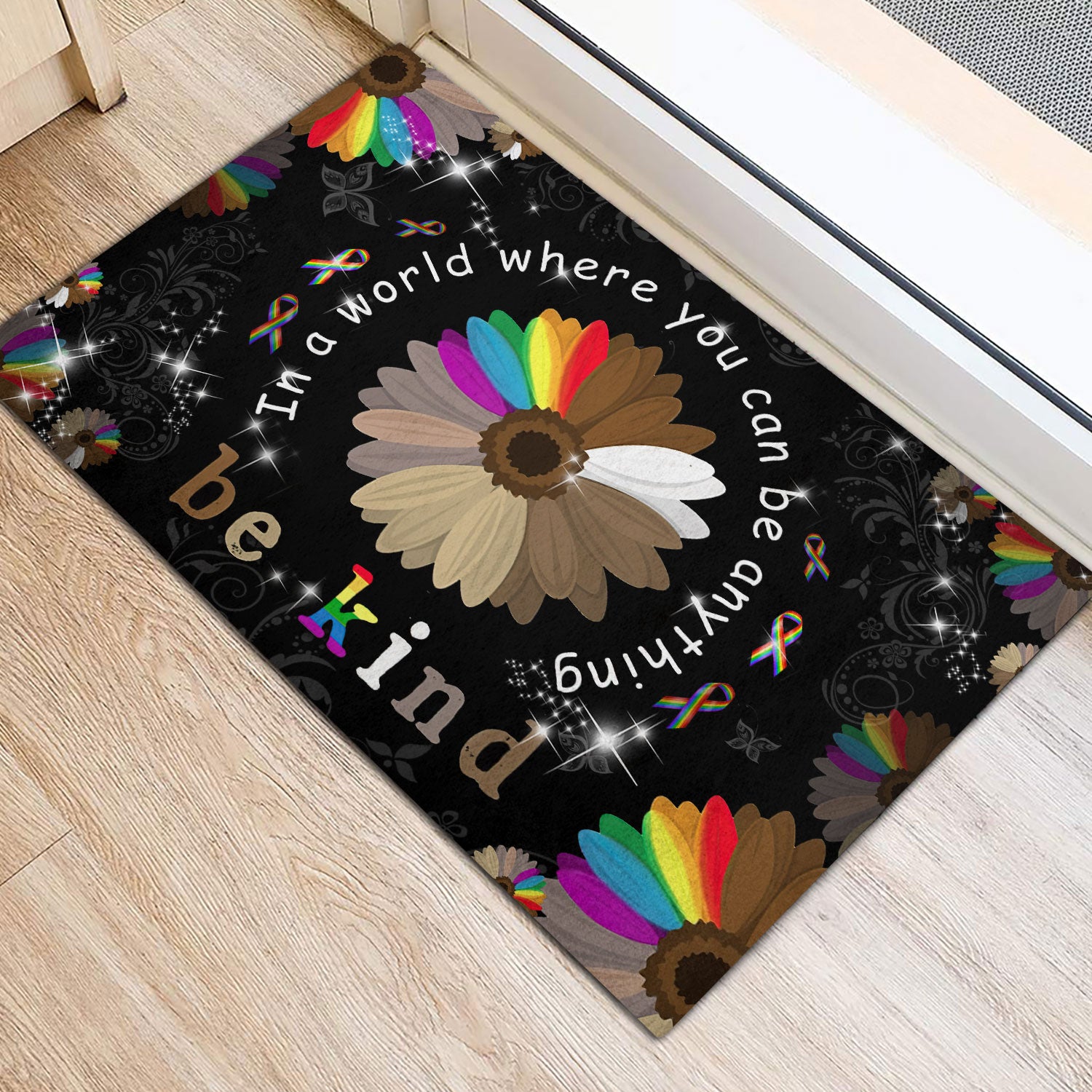 Ohaprints-Doormat-Outdoor-Indoor-Lgbt-Pride-Blm-Support-Gift-Idea-Sunflower-Be-Kind-Black-Rubber-Door-Mat-825-