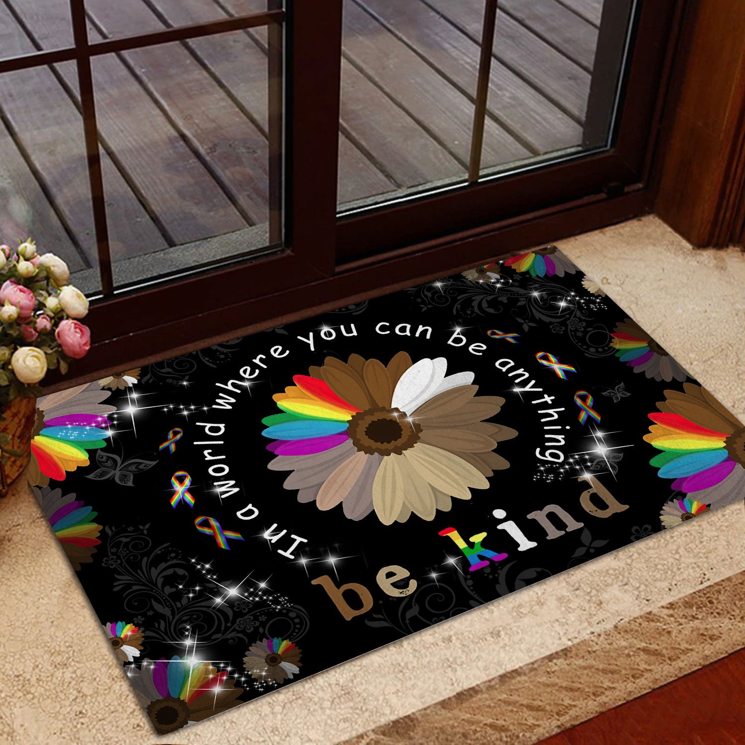 Ohaprints-Doormat-Outdoor-Indoor-Lgbt-Pride-Blm-Support-Gift-Idea-Sunflower-Be-Kind-Black-Rubber-Door-Mat-825-