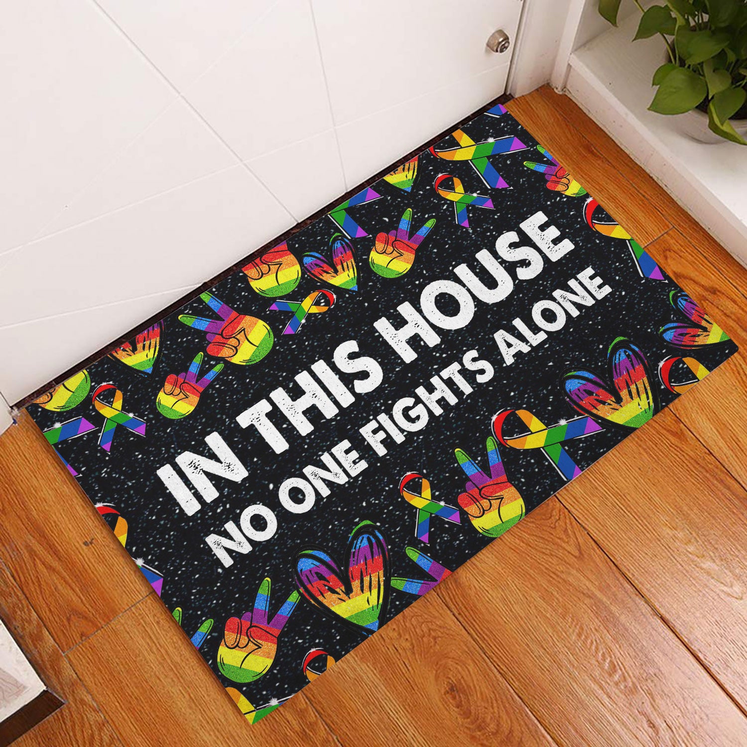 Ohaprints-Doormat-Outdoor-Indoor-Lgbt-Pride-Support-Rainbow-Peace-Hand-Ribbon-No-One-Fight-Alone-Rubber-Door-Mat-826-