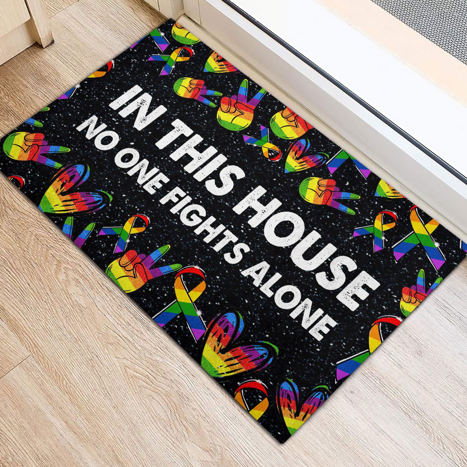 Ohaprints-Doormat-Outdoor-Indoor-Lgbt-Pride-Support-Rainbow-Peace-Hand-Ribbon-No-One-Fight-Alone-Rubber-Door-Mat-826-