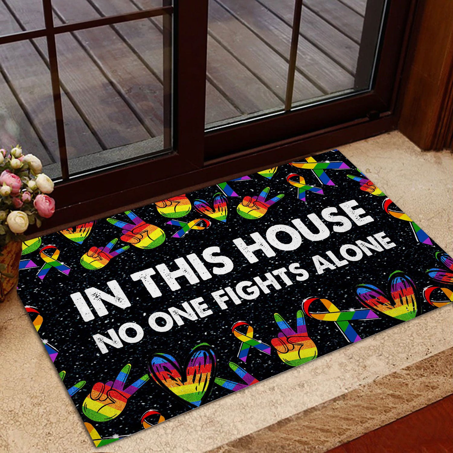 Ohaprints-Doormat-Outdoor-Indoor-Lgbt-Pride-Support-Rainbow-Peace-Hand-Ribbon-No-One-Fight-Alone-Rubber-Door-Mat-826-