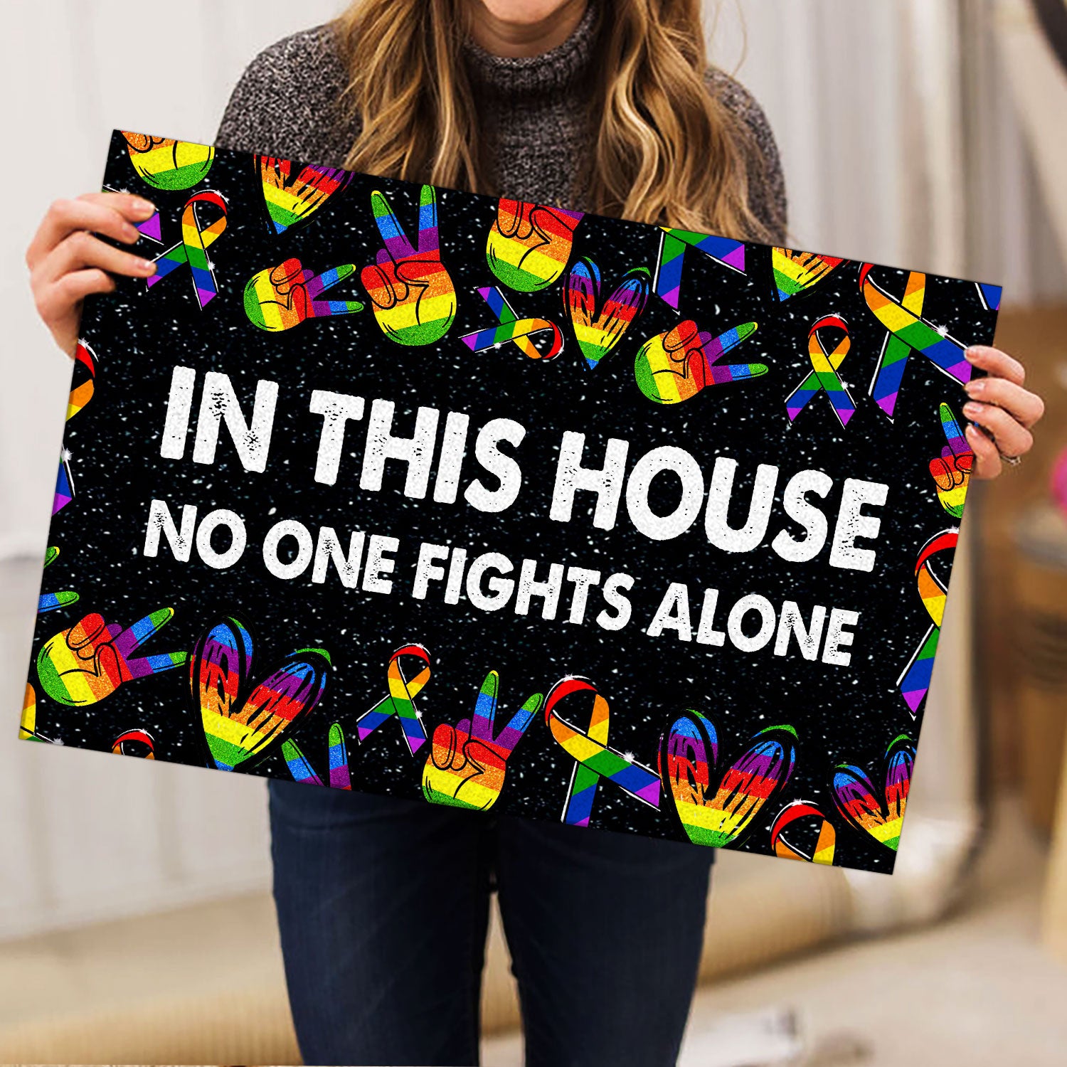 Ohaprints-Doormat-Outdoor-Indoor-Lgbt-Pride-Support-Rainbow-Peace-Hand-Ribbon-No-One-Fight-Alone-Rubber-Door-Mat-826-