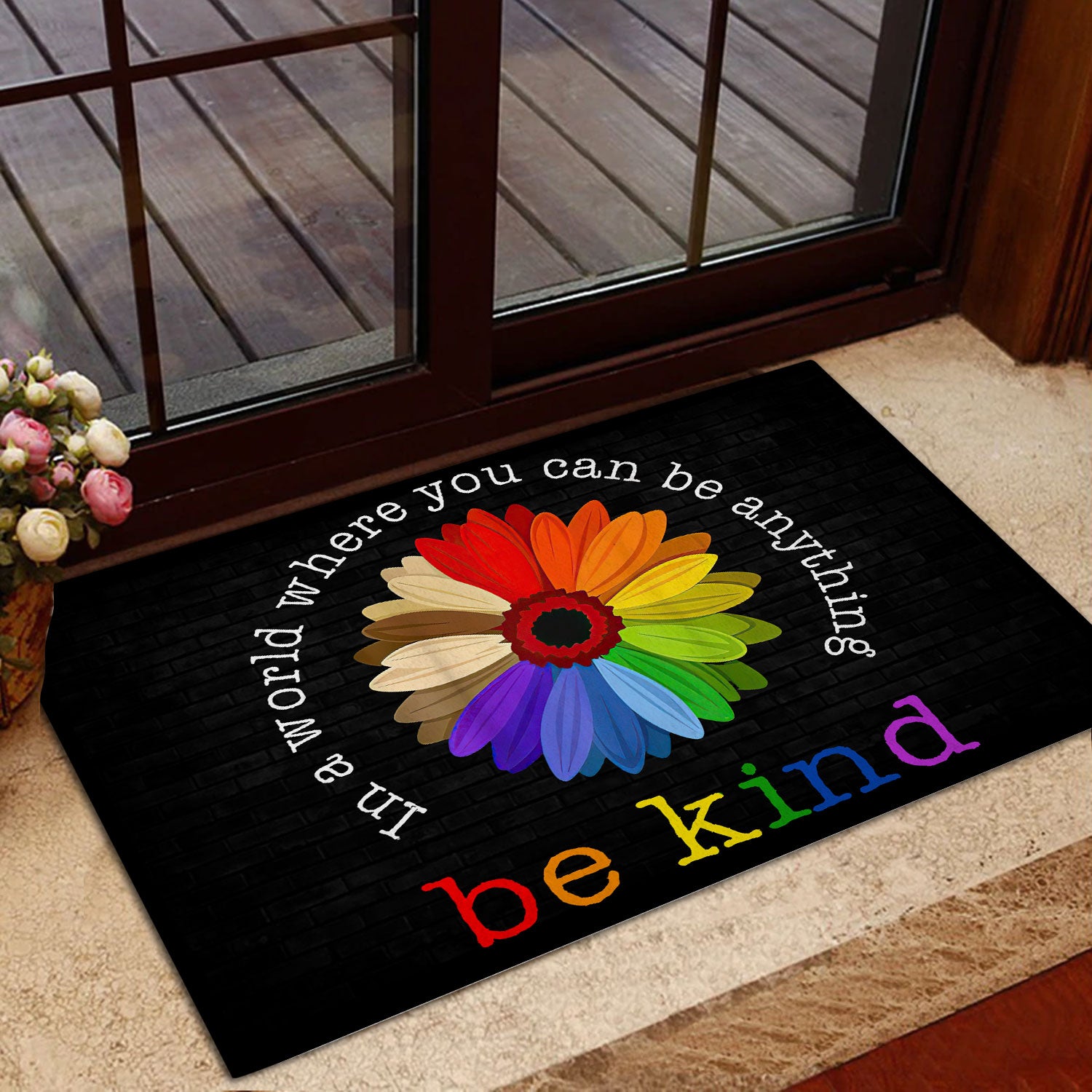 Ohaprints-Doormat-Outdoor-Indoor-Lgbt-Rainbow-Pride-Support-Gift-Idea-Be-Kind-Sunflower-Black-Rubber-Door-Mat-834-