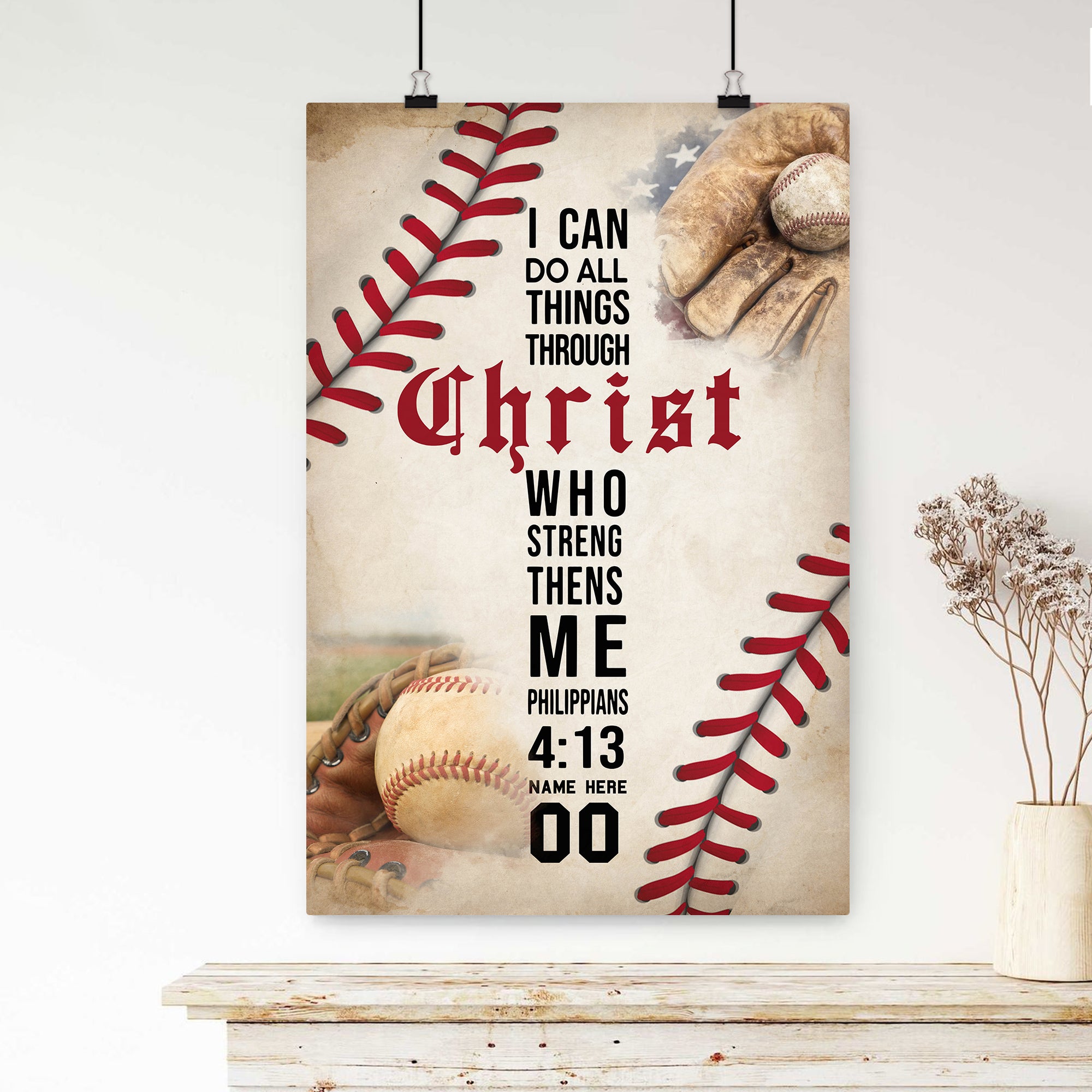 Personalized Baseball Poster & Canvas, Baseball and Christian Cross Wa ...