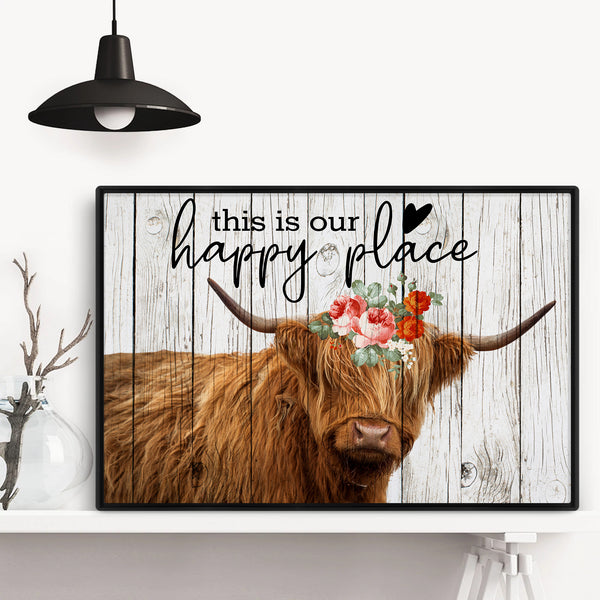 Highland Cow Wall Art - This Is Our Happy Place Inspirational Canvas Poster  for Home - Long Haired Scottish Cow with White Flower Picture Farmhouse  Kitchen Decor Framed (10x15) : : Home