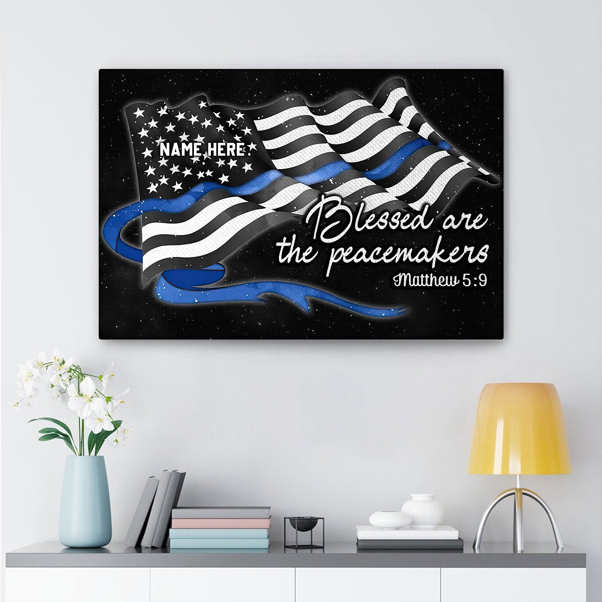 Personalized Canvas  American Flag With Thin Blue Line