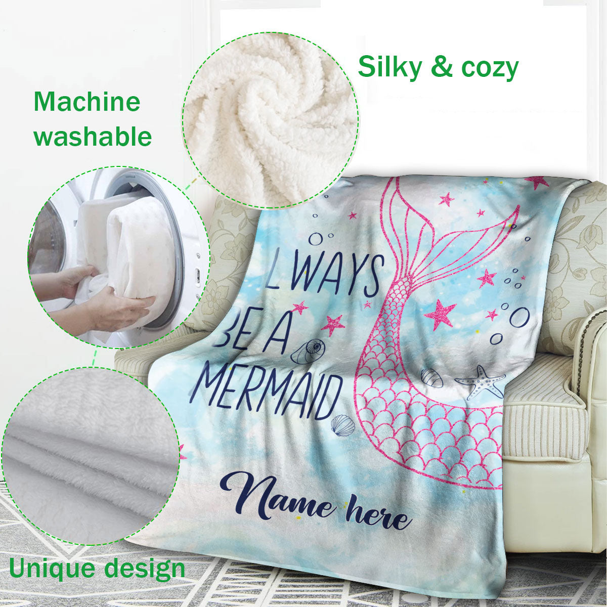 Ohaprints-Fleece-Sherpa-Blanket-Always-Be-A-Mermaid-Ocean-Lover-Pink-Mermaid-Tail-Custom-Personalized-Name-Soft-Throw-Blanket-1117-Fleece Blanket