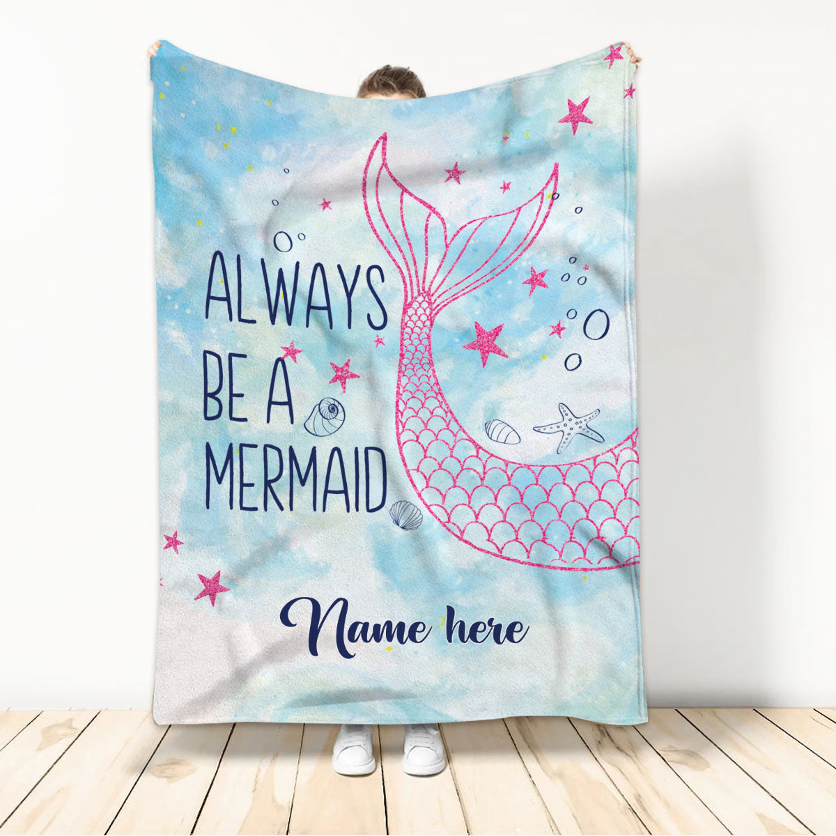 Ohaprints-Fleece-Sherpa-Blanket-Always-Be-A-Mermaid-Ocean-Lover-Pink-Mermaid-Tail-Custom-Personalized-Name-Soft-Throw-Blanket-1117-Sherpa Blanket